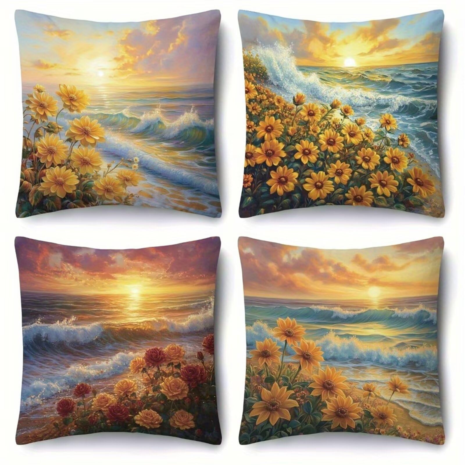 Heaen Outdoor Cushions Covers Waterproof 45x45 cm Set of 4 Square Linen Pillow Cases Sunrise Waves Flowers Decorative Dushions for Sofa Porch Patio Home Decor