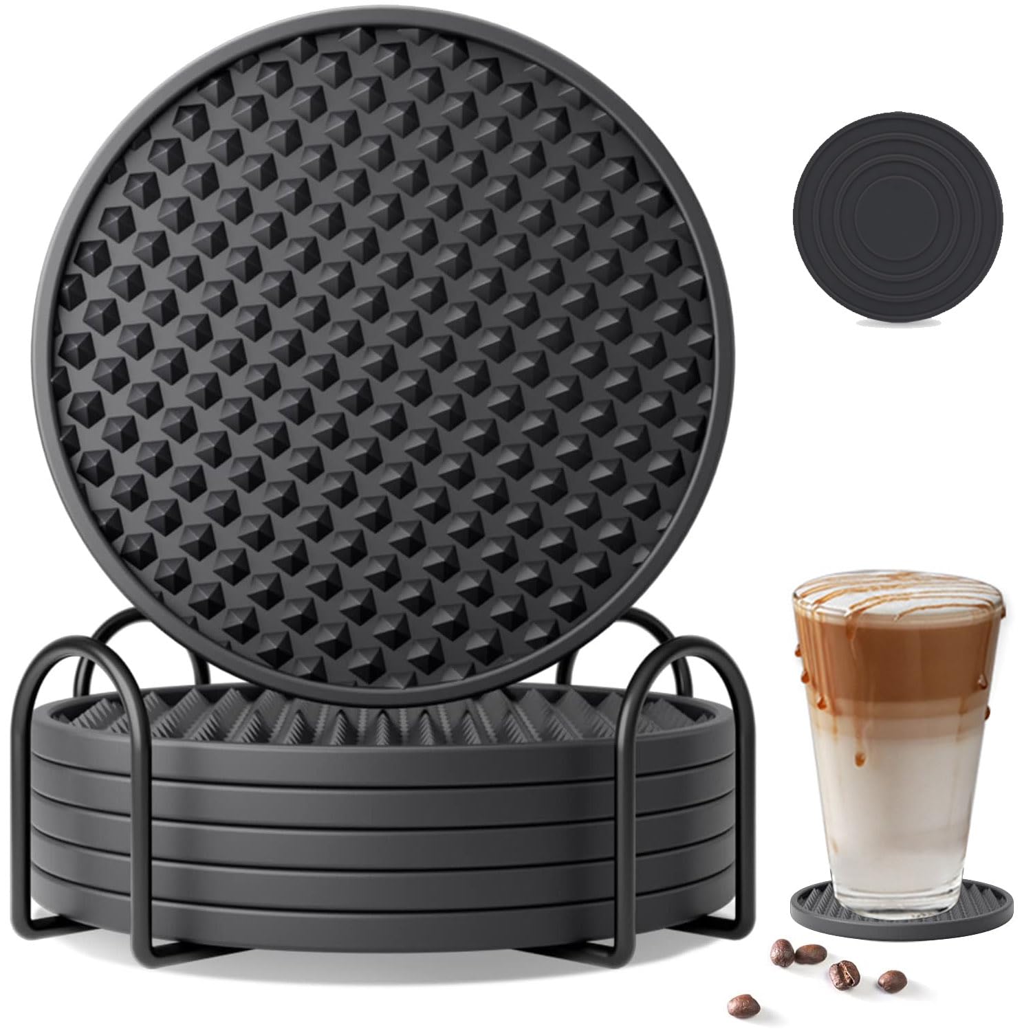 IS MUHE 6 Pcs Silicone Pentagonal Coasters, Black, Non-Slip, Heat Resistant, Dishwasher Safe