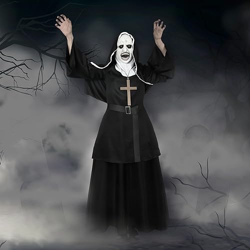 Miniatura 6 de Vermeyen Disfraz de monja para mujer, disfraz de monja aterradora para Halloween, cosplay con máscara