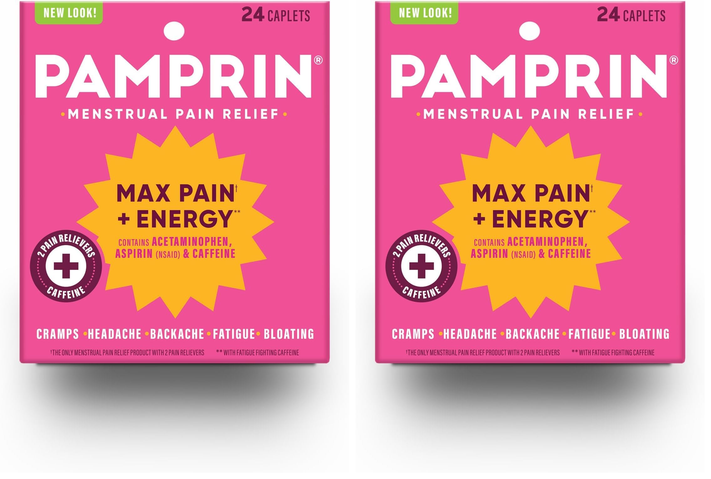 Pamprin Maximum Strength Max Pain and Energy Formula, Menstrual Period Symptoms Relief for Cramps, Bloating and Fatigue, 24 Caplets (Pack of 2)
