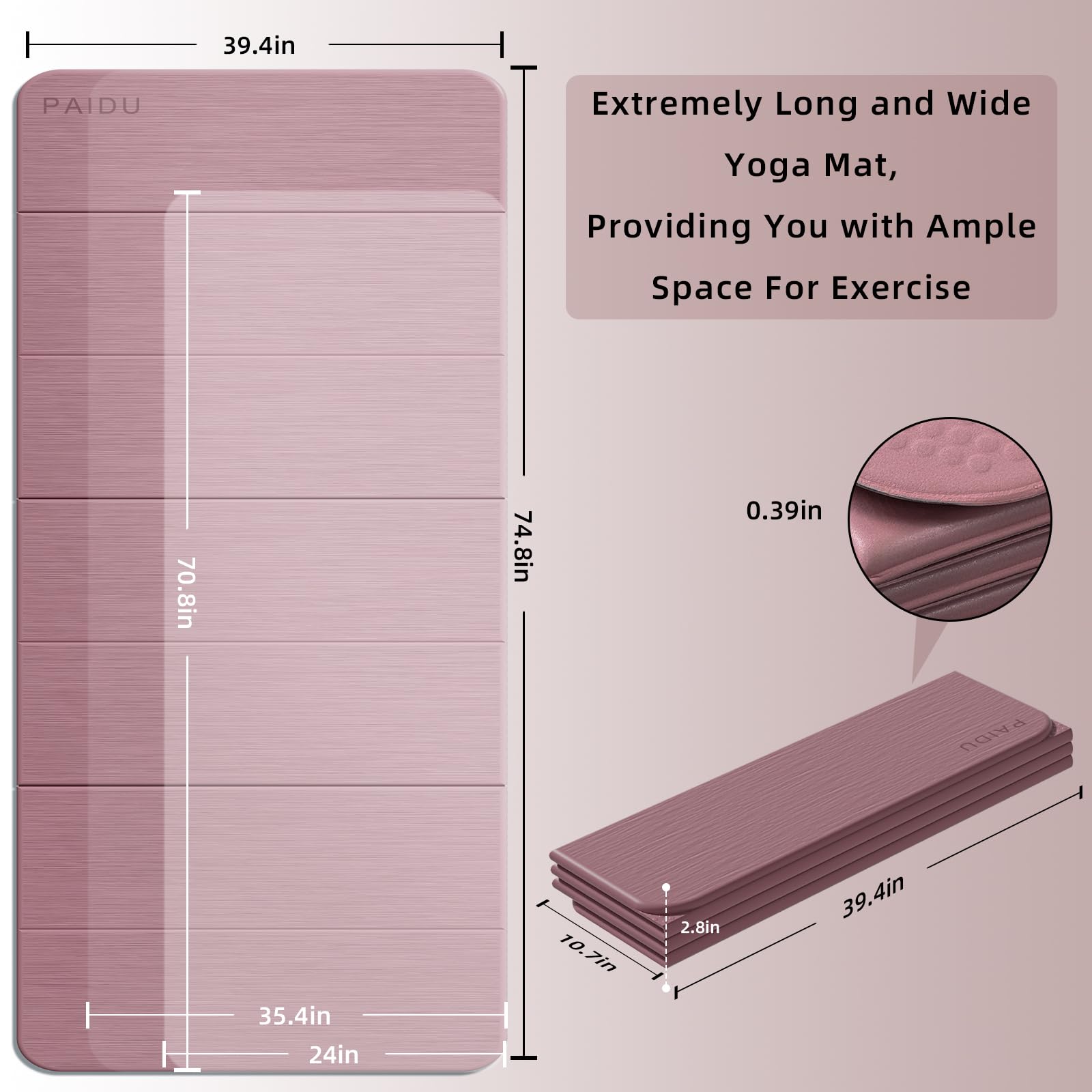 PAIDU Tappetino da yoga pieghevole, spessore 10 mm, in TPE antiscivolo, facile da piegare, 75 x 40 cm, extra lungo/largo, per yoga, pilates e allenamenti all'aperto
