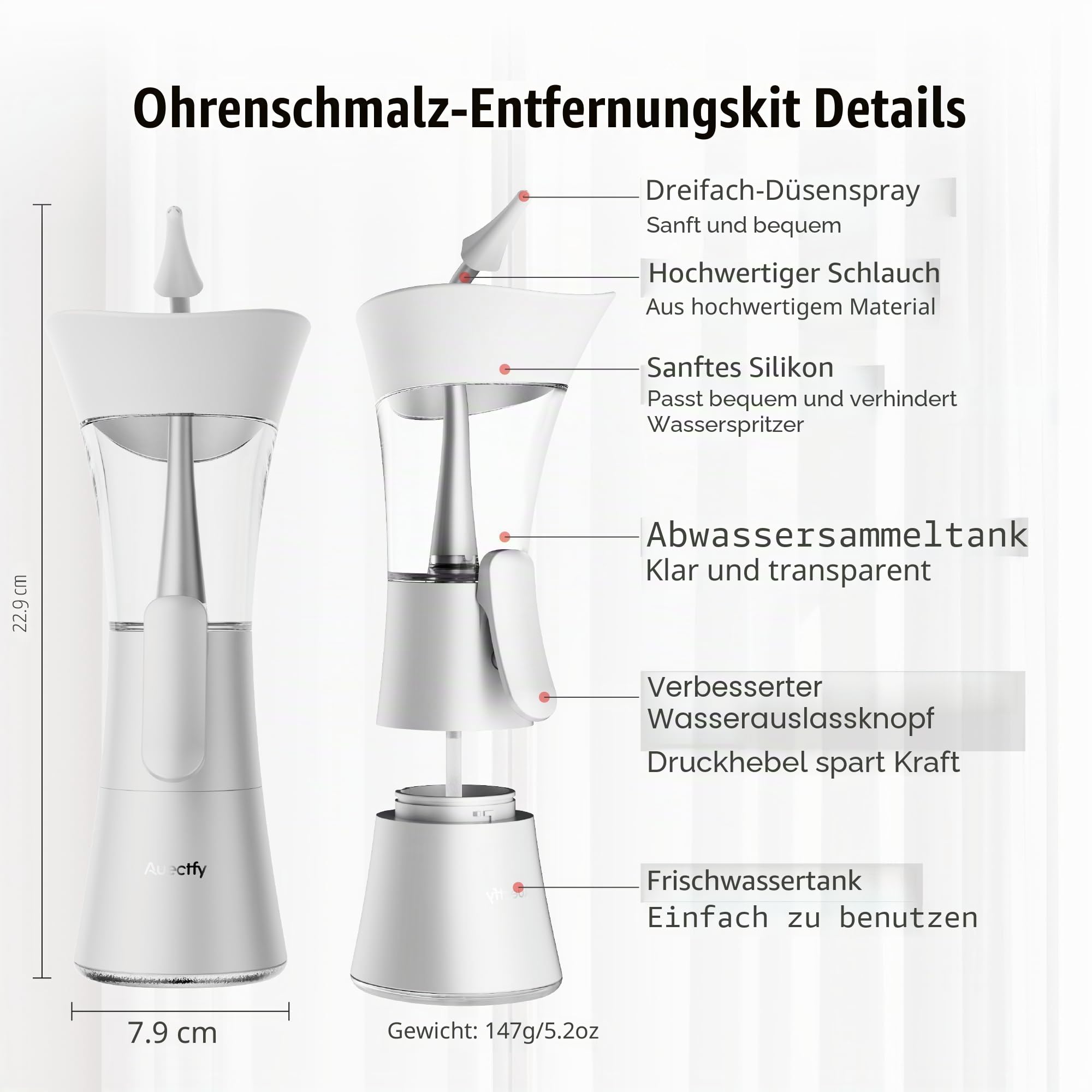Ohrenschmalz-Entfernungs-Set, Einhandbedienung, einfach zu bedienendes manuelles Ohrspülsystem mit weicher Silikonspitze für effektive und sichere Reinigung von Ohrenschmalz für den Heimgebrauch