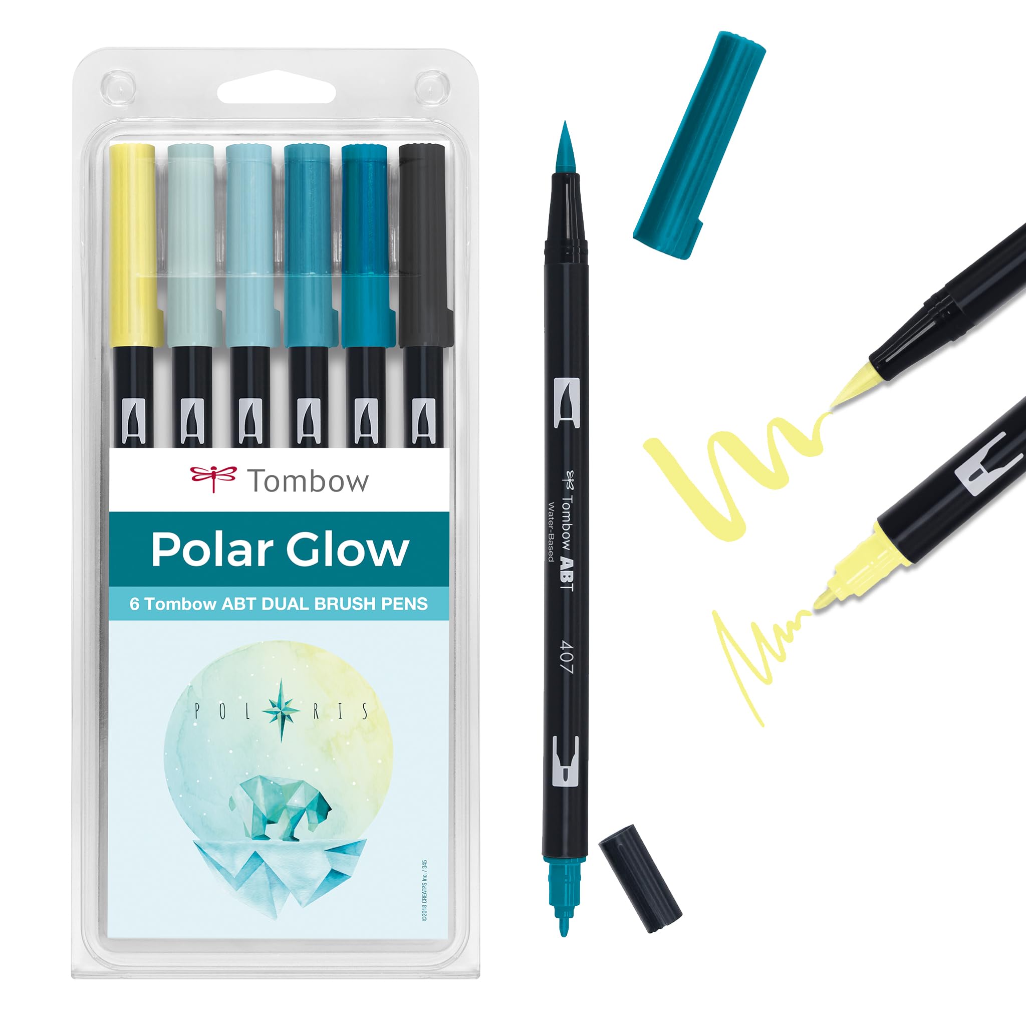 Tombow ABT - Lot De 6 Stylos à Double Pinceau Polar Glow | Pointe Pinceau + Pointe Fine, Aquarellables | Parfait Pour Lettering, Bullet Journal