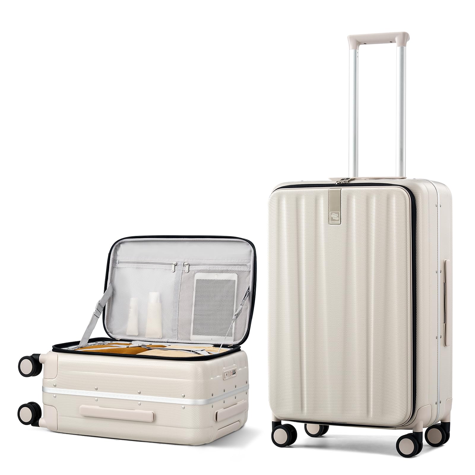 Hanke 24 Inch Checked Luggage PC Hard Case Luggage Top Opening Aluminum Frame Travel Luggage Suitcases with Wheels for Woman Men.(Ivory white)