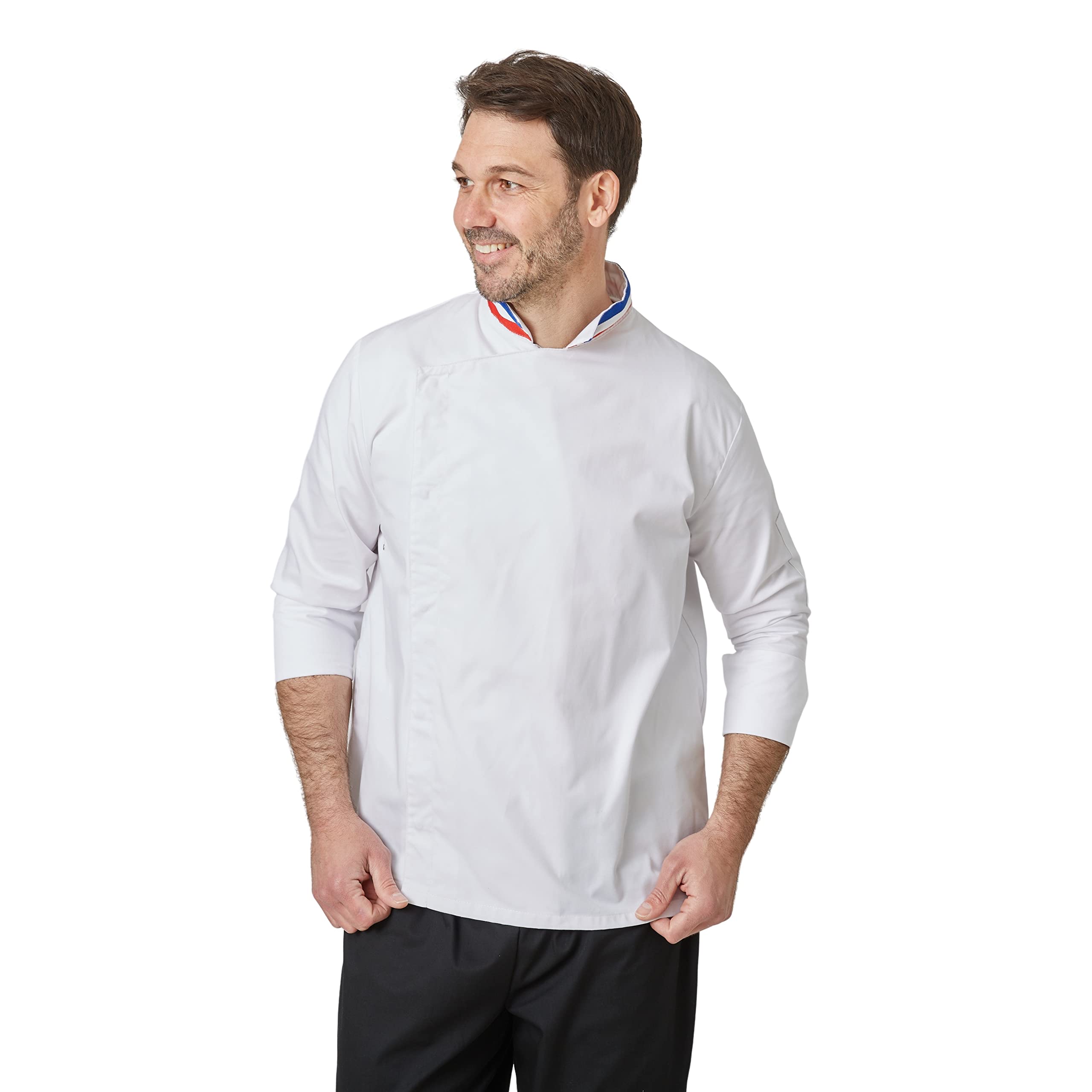 Veste de Cuisine Col Bleu Blanc Rouge Manches Longues Sergé 210 gramme Couleurs Blanc Pressions inoxydables Lavage Machine 90 degrés ou Industriel