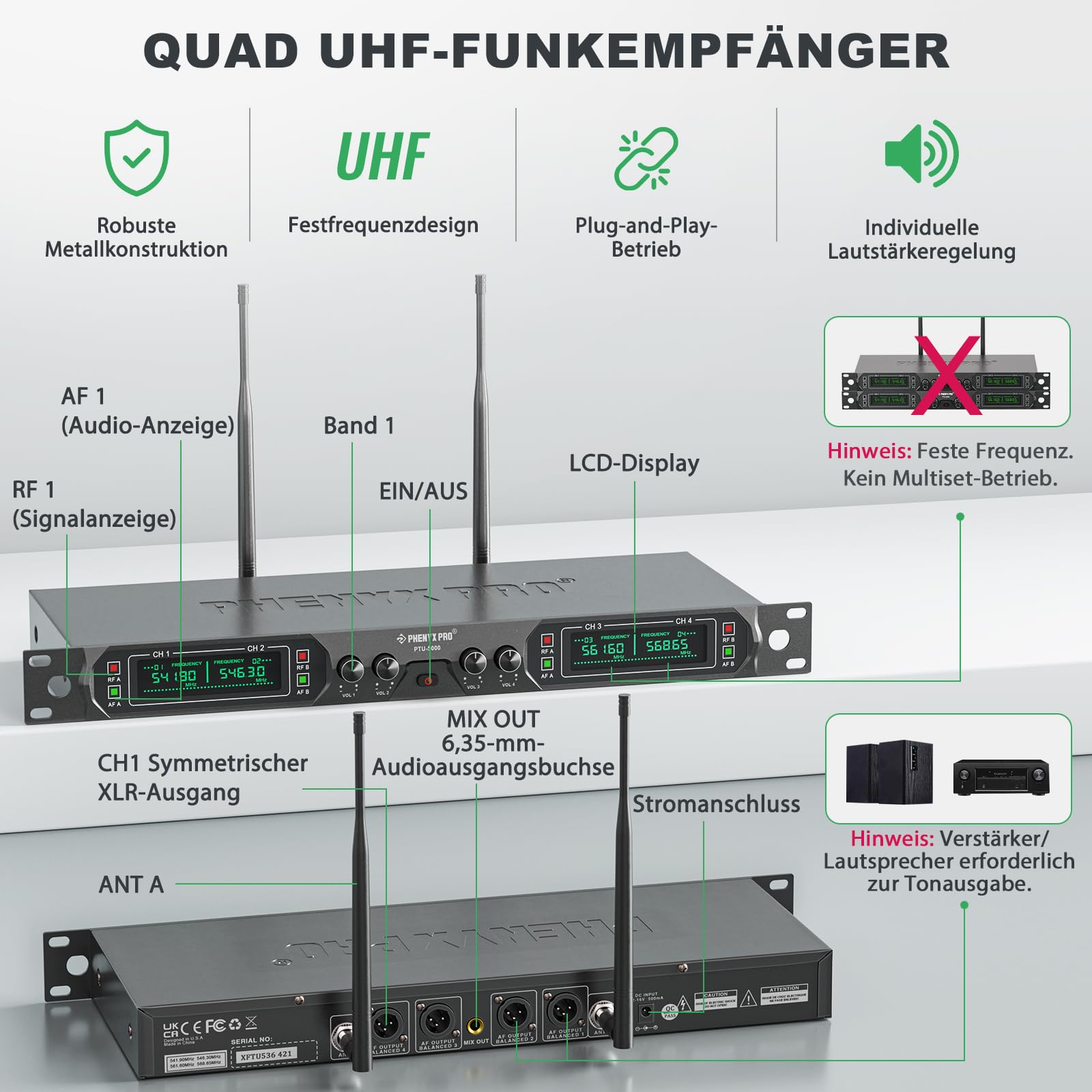 Phenyx Pro Mikrofon kabellos,4-Kanal Karaoke Mikrofon,Kabelloses Festfrequenz-Metall-Funkmikrofon mit 4 Handmikrofonen für Gesang, Kirche, DJ (PTU-5000A)