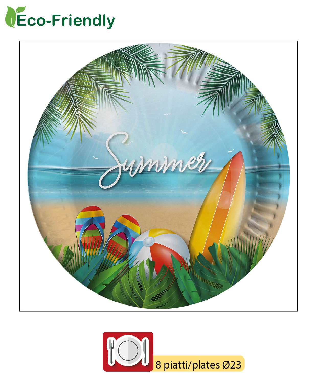 Kit Party Tavola Summer Party per 8 persone (44 pezzi: 8 piatti 23cm, 8 piatti 18cm, 8 bicchieri 200ml, 20 tovaglioli 33x33cm) in carta compostabi | Leroy Merlin