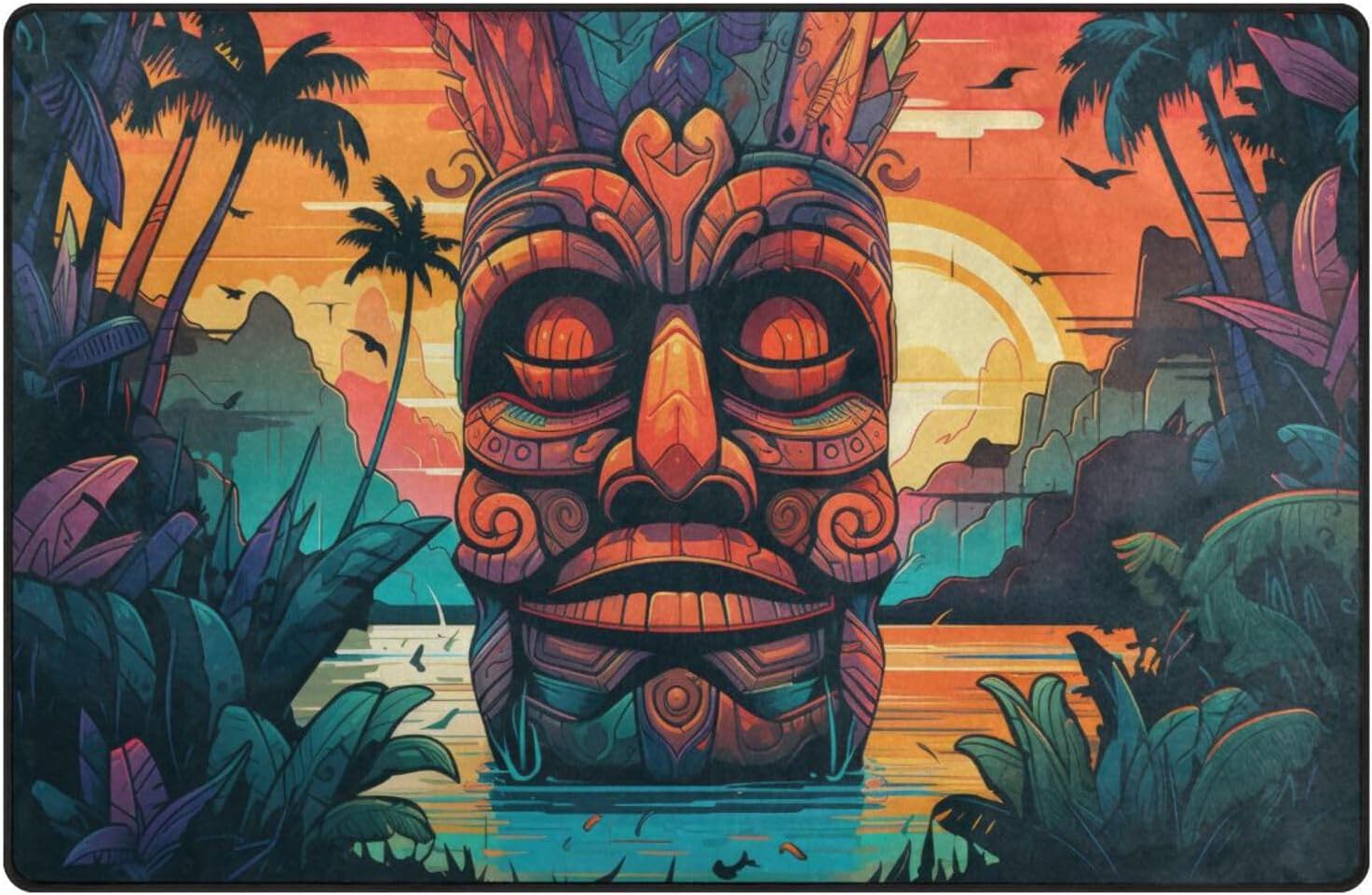 Vnurnrn Area Rug - Tiki Statue Cartoon, Soft Washable Indoor/Outdoor Floor Carpet Rugs, Home Decorative Living Dinning Room Bedroom Kitchen 60×39 inch