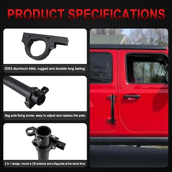 Tailgate Hinge Mounted Single Flag & Antenna Holder Kit Multi-Function Antenna Mount Flagpole Holder Compatible with Jeep Wrangler JK JL Sahara Rubicon & Unlimited (08-17 JK; 18-21 JL)