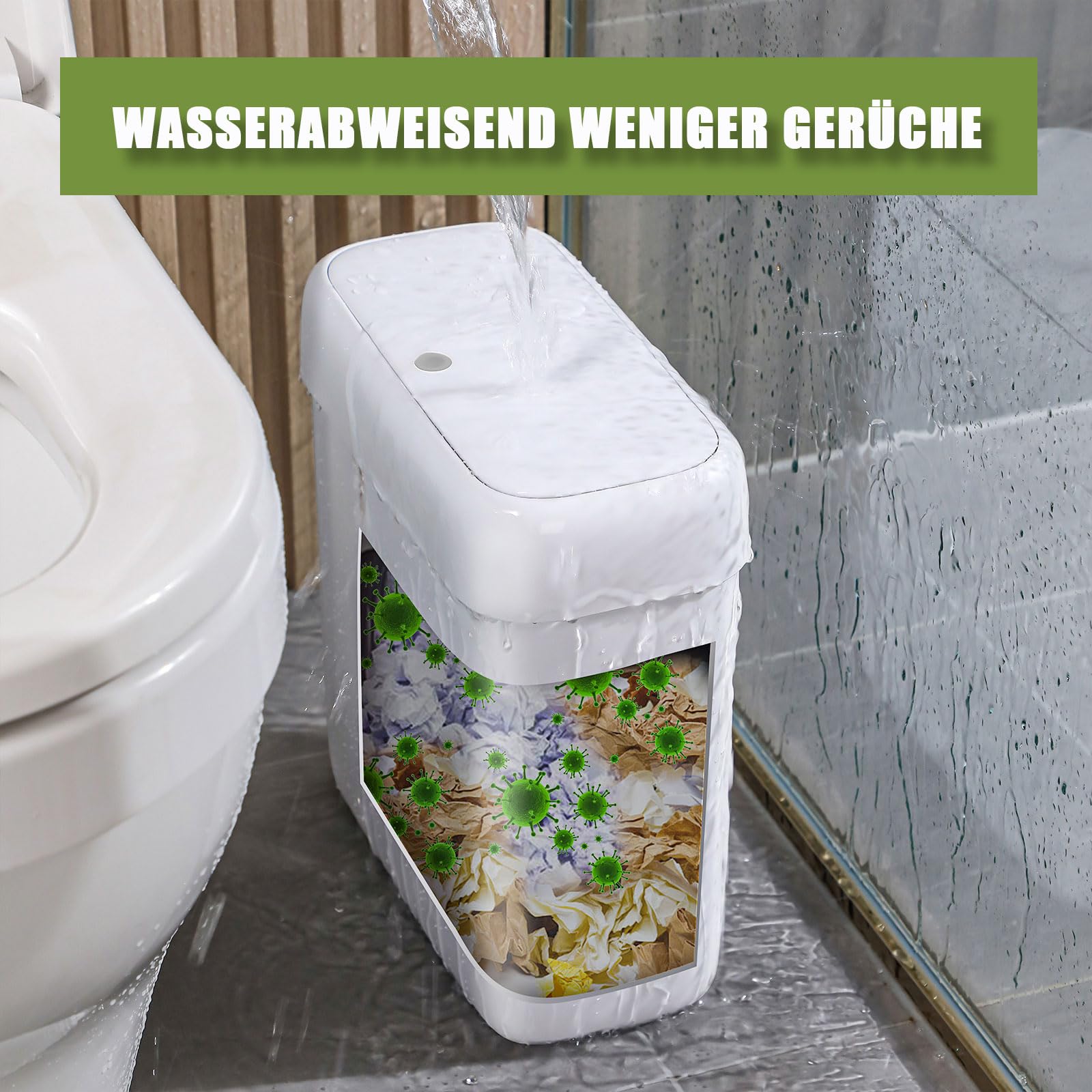 funest Mülleimer Bad mit Deckel, Schmaler Badmülleimer Weiß, Kleiner Mülleimer mit Druckknopf-Deckel, Abfalleimer Badezimmer für WC, Küche, Schlafzimmer, Wohnmobil und Büro, 8,5L