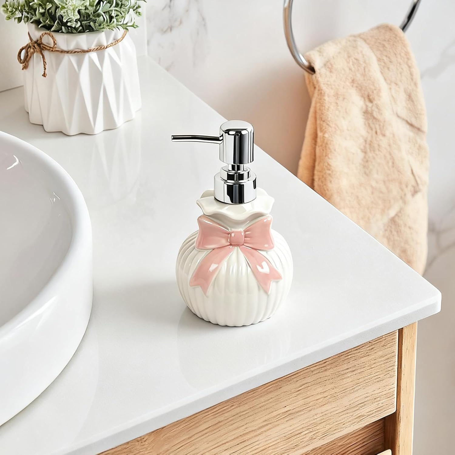 10Oz Ceramic Pump Bottle with Bow - Refillable Soap Dispenser for Hand Soap, Lotion, Shampoo or Body Wash, Cute Soap Holder Kitchen & Bathroom Decor, Countertop Accessories Gift - Image 5