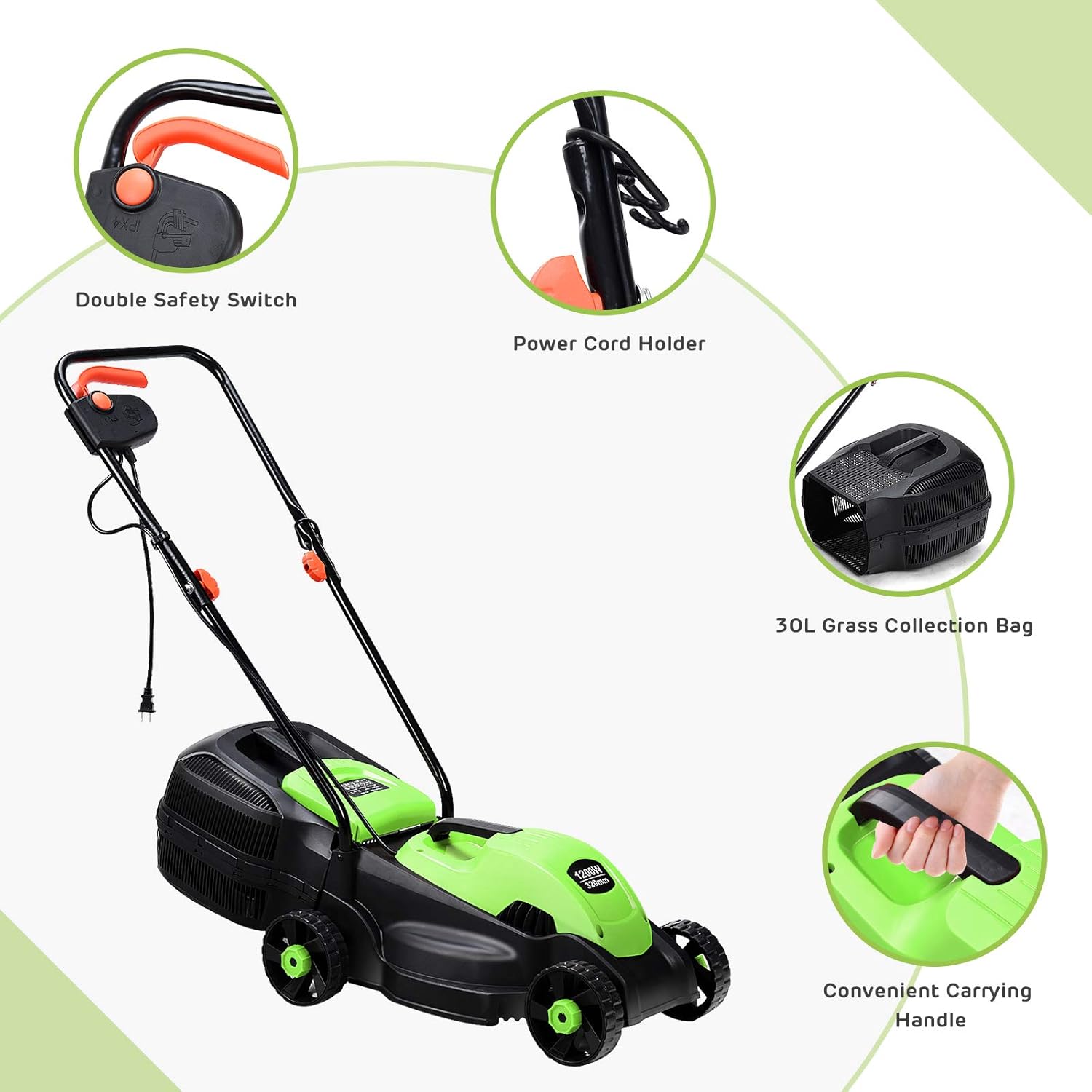 review Happygrill Lawn Mower 14-Inch 12 Amp Electric Lawn Mower, Handle Push Corded Lawn Mower with Grass Bag