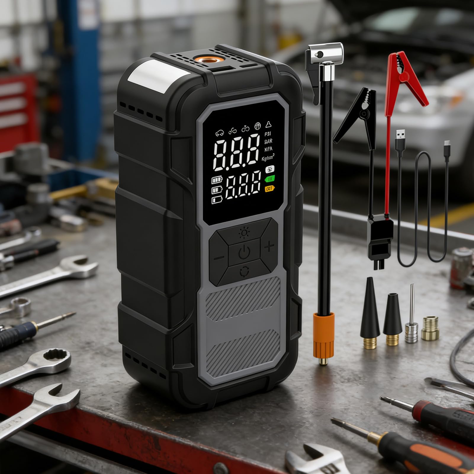 Avviatore di Emergenza per Auto Di Illuminazione LED 12V 4000A | Batteria di Avviamento Veicoli con Compressore d'Aria Per Professionisti, Autisti, Guida Quotidiana, Viaggi Lunghi, Strada