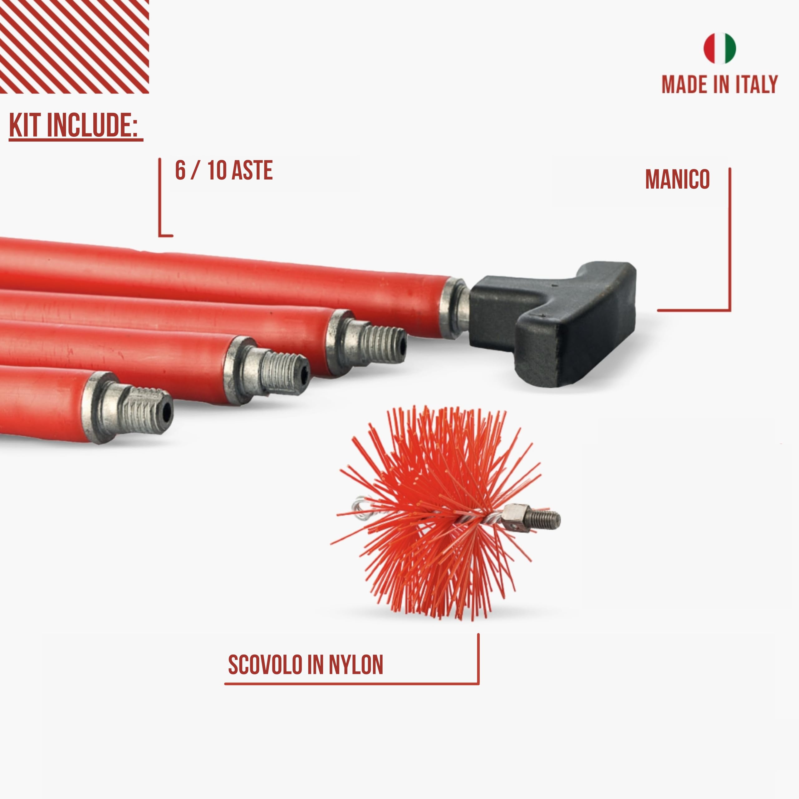 BARETTO Fireplace and Flue Cleaning Kit Ø 250 mm | Nylon Brush | 6 m Poles with 45° Curvature | Soot Removal, Chimney Sweep | Multipurpose Brush and Brush - 2