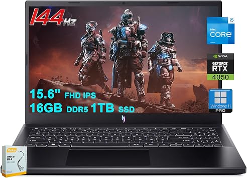 acer Nitro V 15 Gaming Laptop | 15.6" FHD IPS 144Hz | Intel 8-core i5-13420H | 16GB DDR5 1TB SSD | GeForce RTX 4050 | Backlit Type-C Win11Pro w/DLCA Accessory