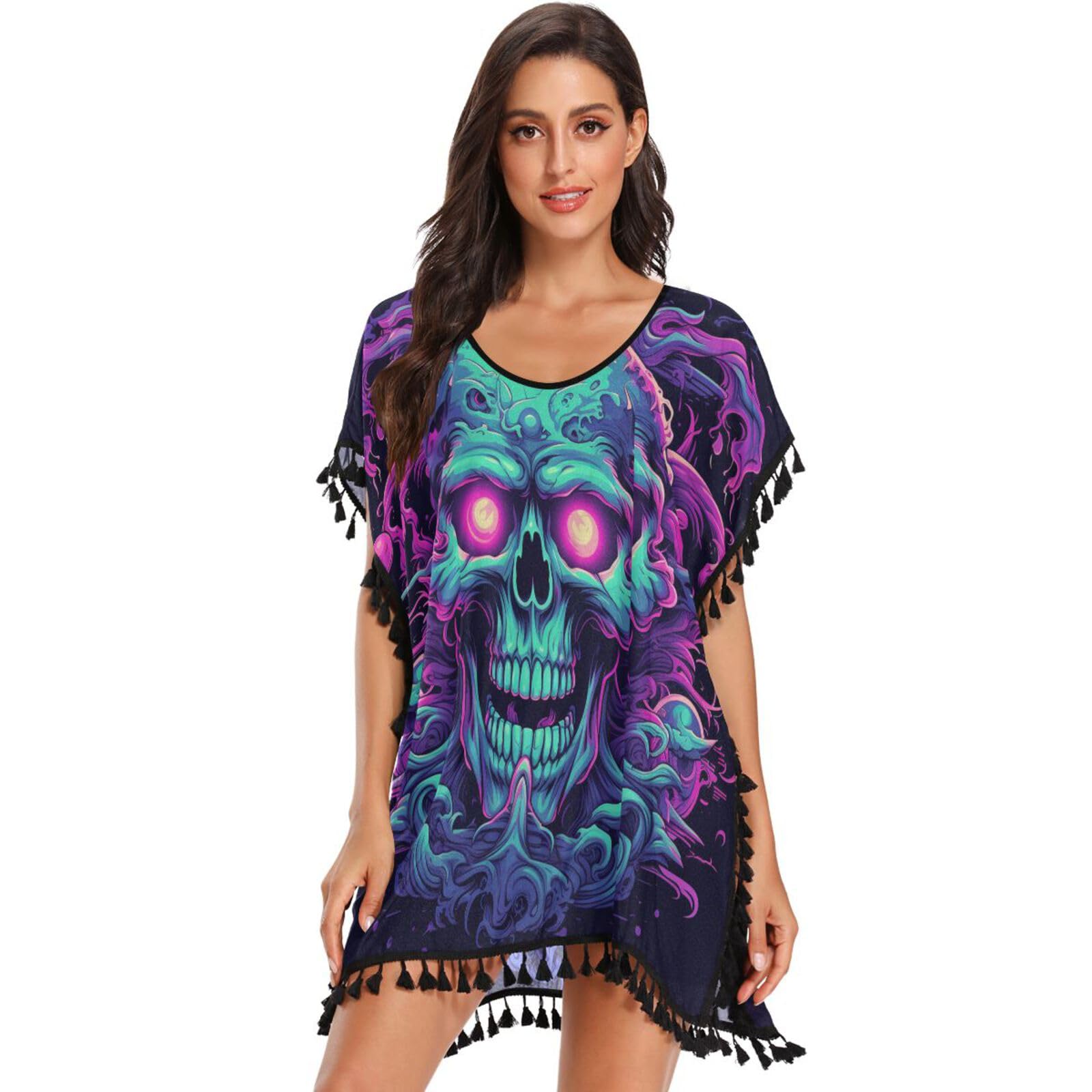 Debil Skull Abstract Art Women's Beach Cover Up Chiffon Tassel Swimwear Swimsuit Coverups for Girl
