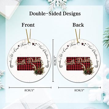 Round Ceramic Christmas Ornaments,All Come Home for Christmas Red And White Buffalo Plaid South Dakota US State Ornaments for Christmas Tree Decorations Funny Holiday Keepsake Memorial Xmas Gifts