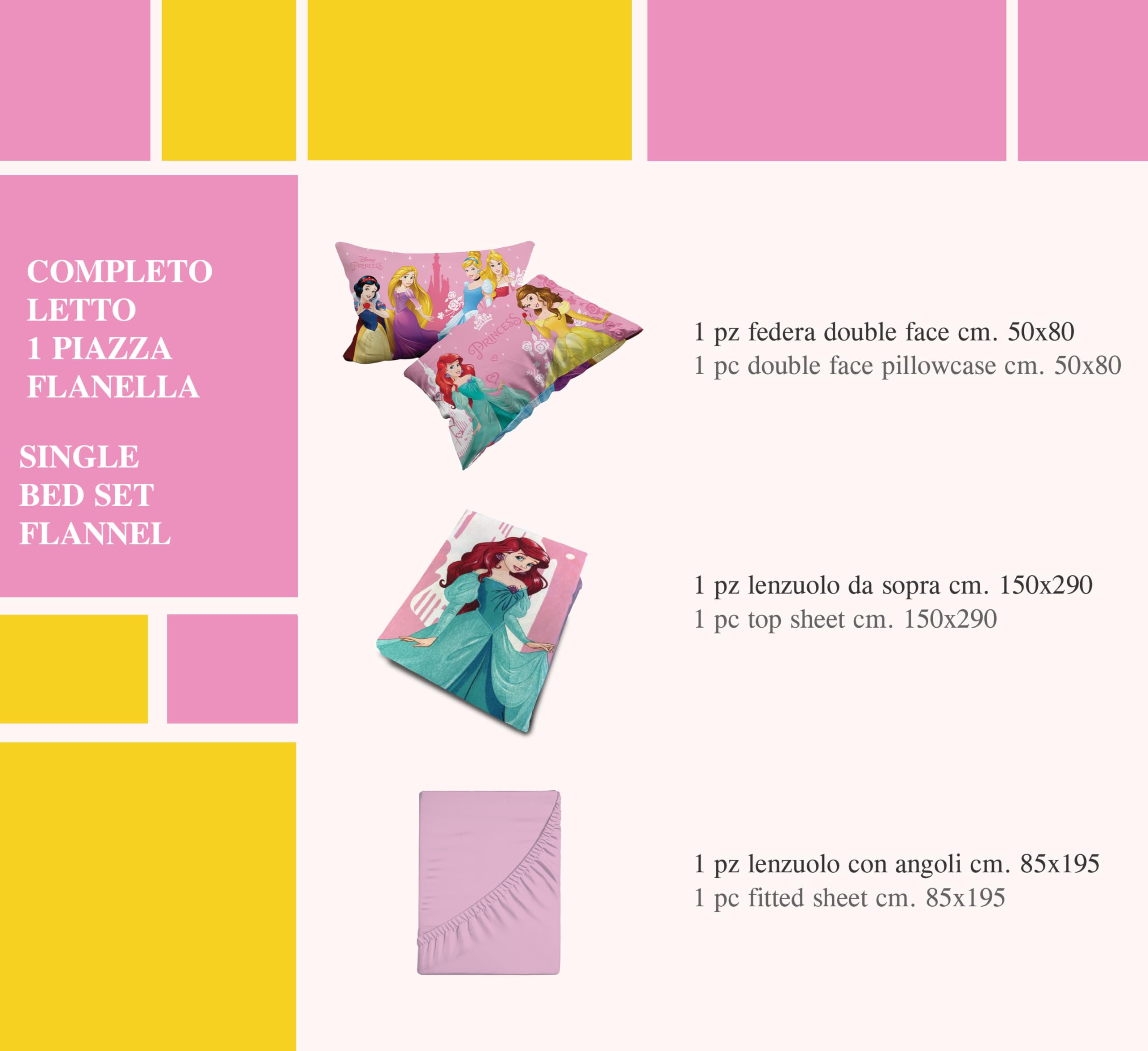 hermet Set Lenzuola 1 Piazza In Flanella Princess, 100% Cotone, Set 3 Pezzi, Lenzuolo + Sotto con Angoli + Federa, Singolo