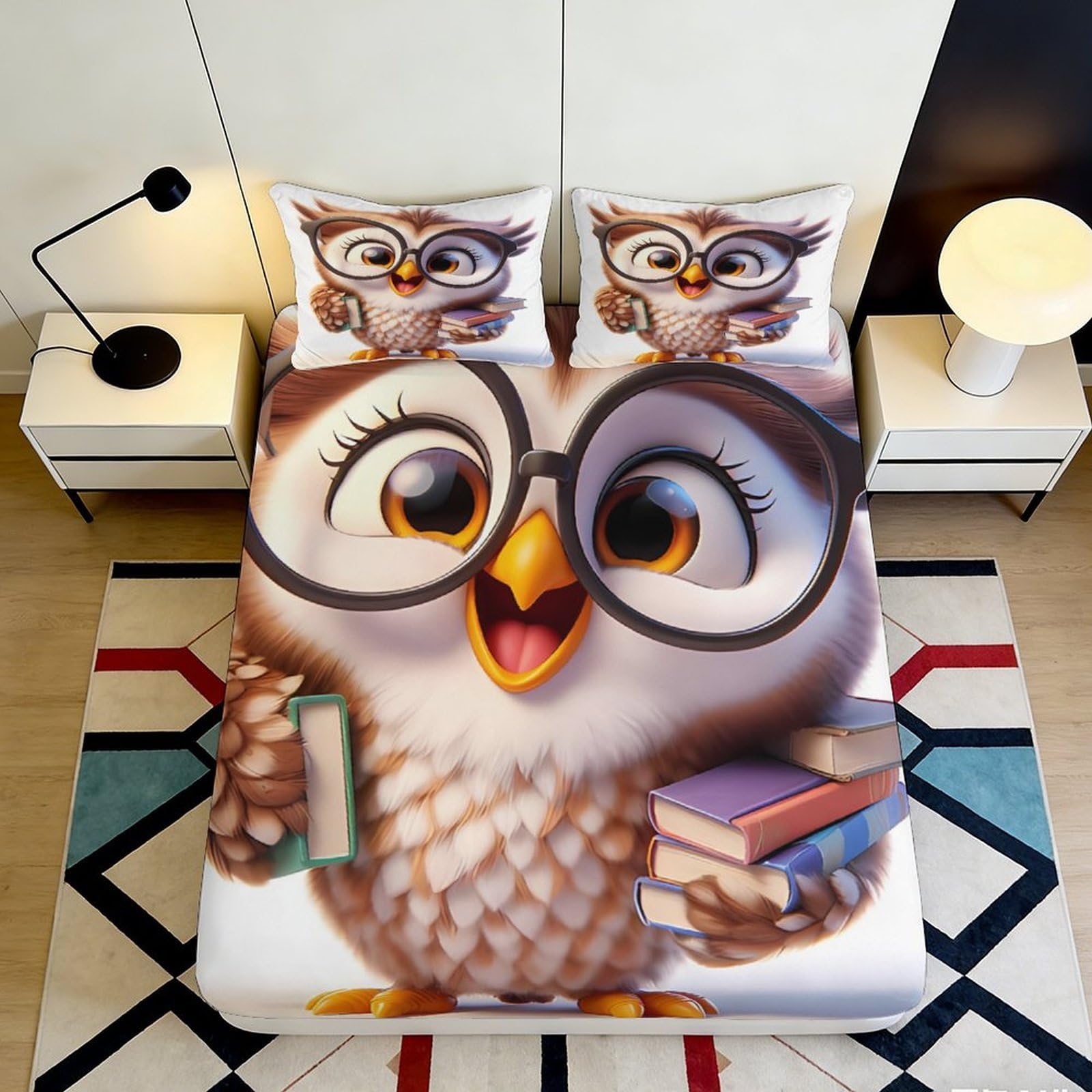 3D Printed Cute Owl Fitted Sheet Microfiber Soft Breathable Cartoon Book Mattress Cover for Bedroom Dorm Youth Decor 90x200x25cm
