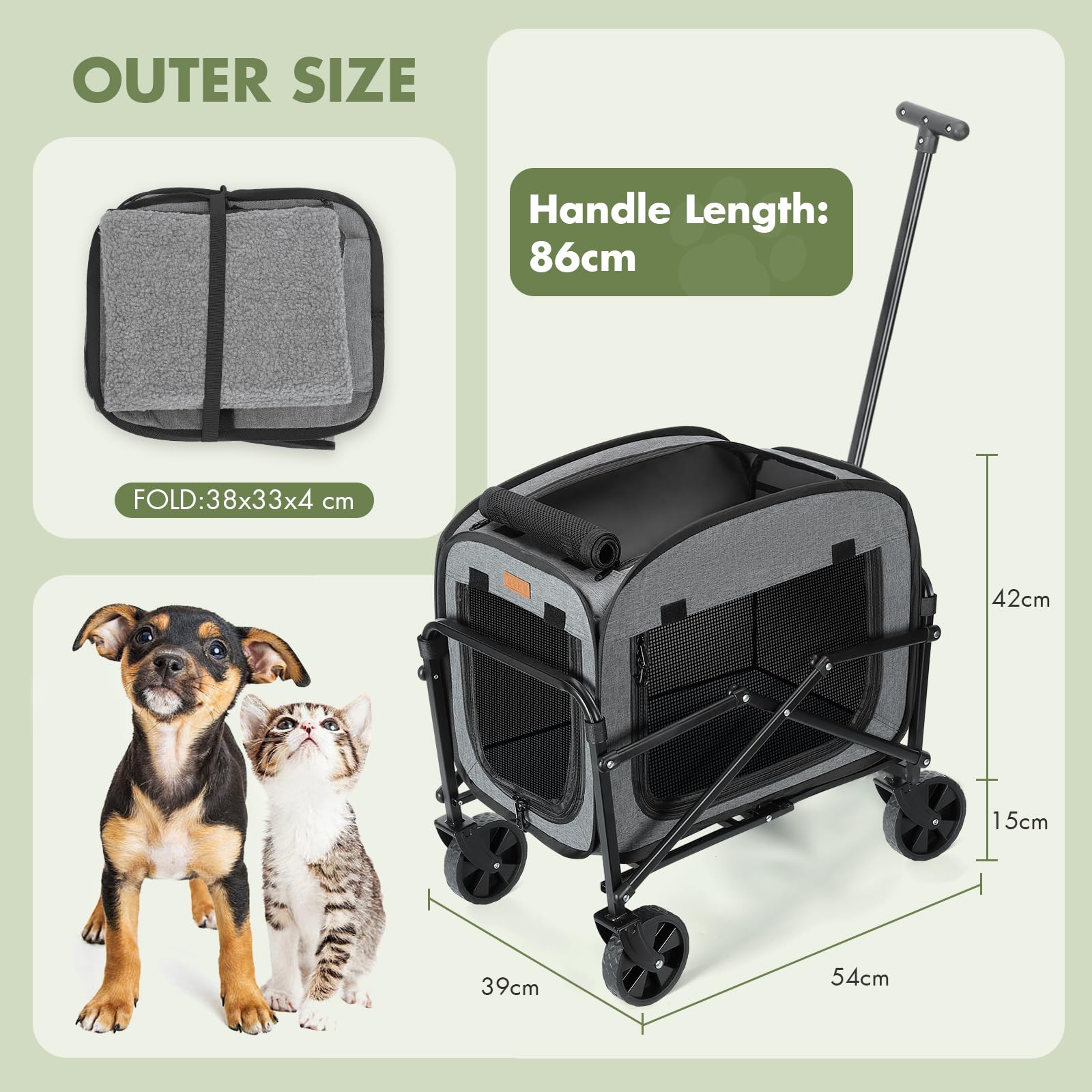 Transportador de perros con ruedas, carrito grande para perros y gatos, 18 kg, carro para mascotas con ruedas grandes todo terreno (gris)