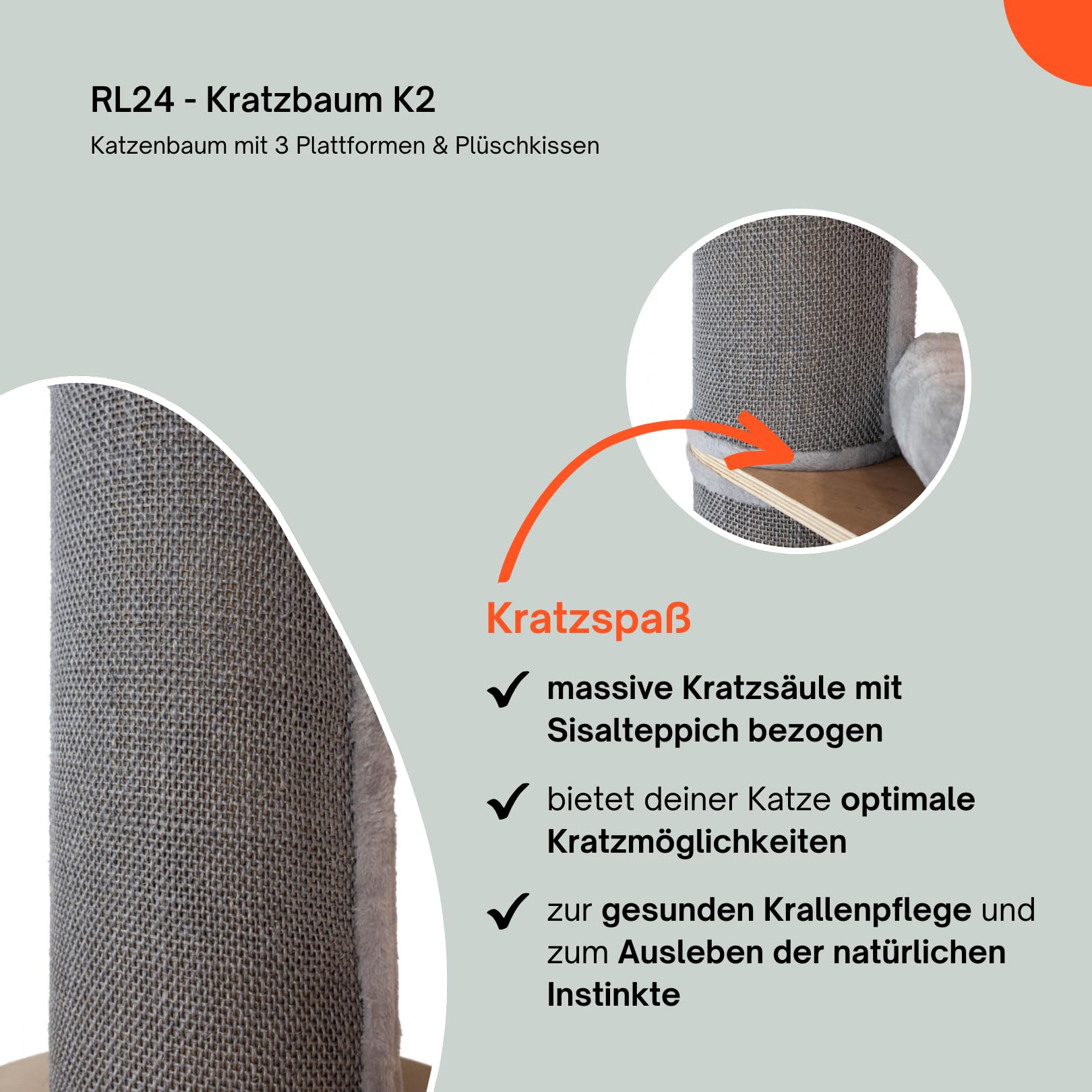RL24 - Kratzbaum XXL K2 – Katzenbaum – Grau – Höhe 187 cm