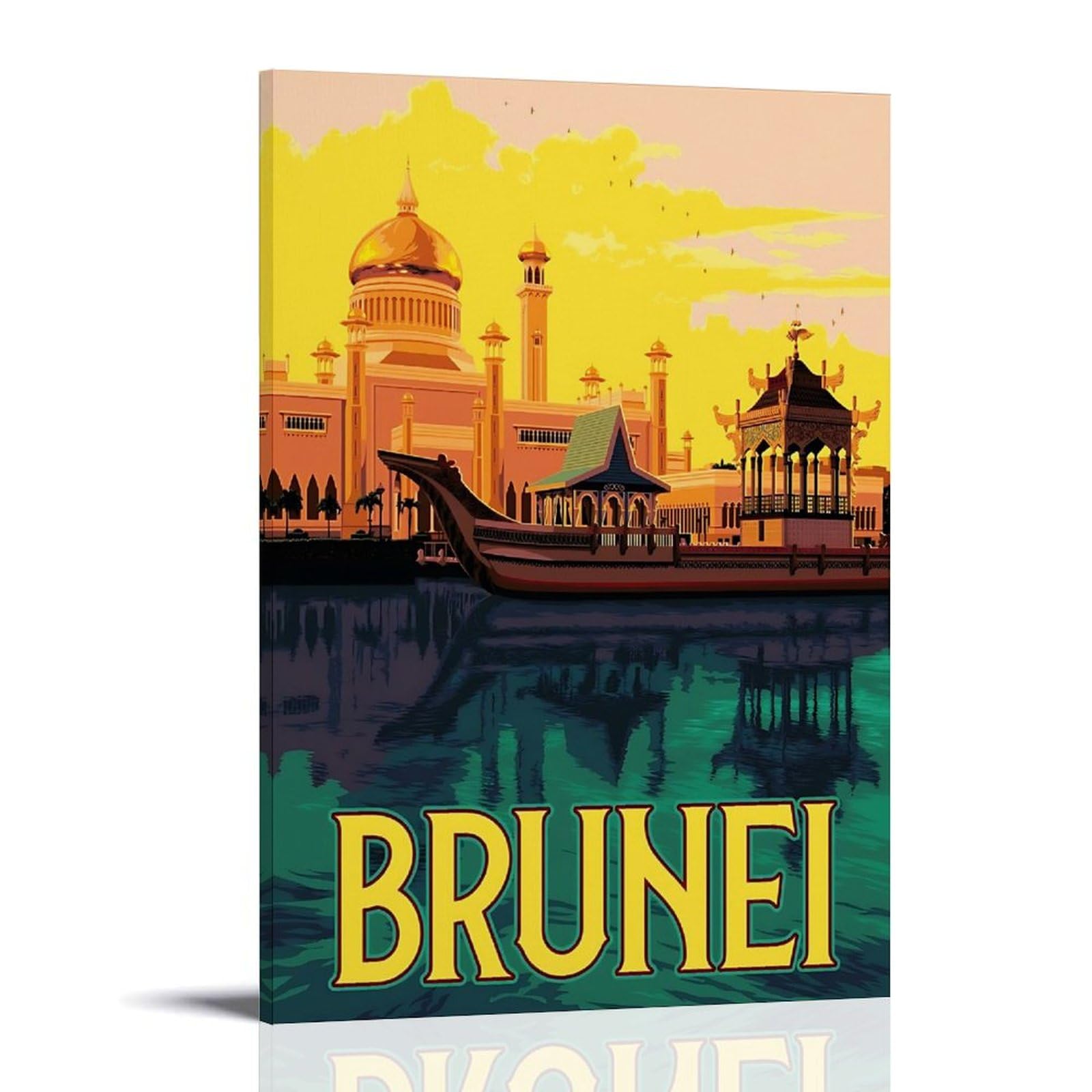 Ouweri Frame-Style Brunei Darussalam Vintage Travel Poster Canvas Wall Art Picture Prints Hanging Photo Idea Decor Homes Artworks 16X24inch(40X60cm)