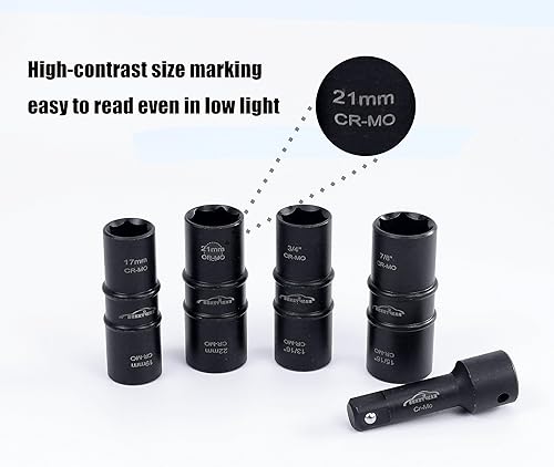 Miniatura 4 de SEKETMAN Juego de 5 llaves de vaso de impacto de 12 pulgada, acero CR-MO, incluye barra de extensión de 3 pulgadas, tamaños SAE y métricos, 5 piezas