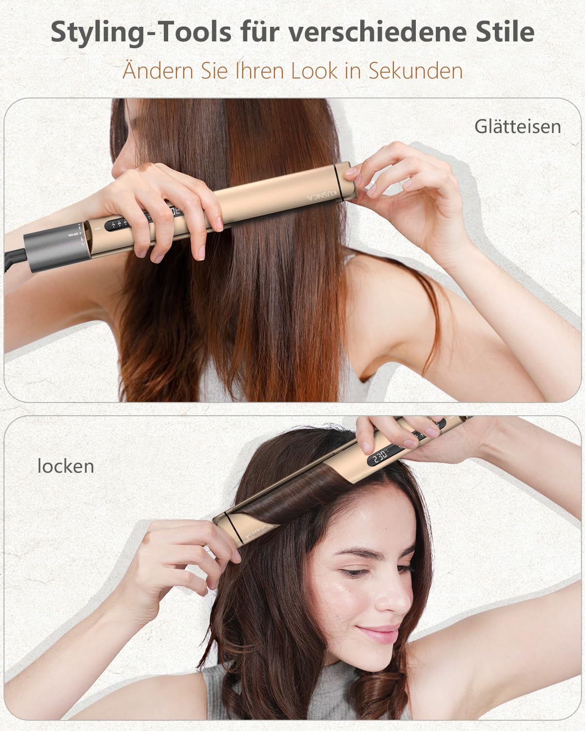 KUSNCA Ionen Glätteisen, 2 IN 1 Haarglätter Locken und Glätten | Doppelseitige Ionentechnologie und Keramikplatte, Anti-Frizz-und Glanz-Effekt,Temperatur(110-230℃)Heim-und Reisepaket,Gold