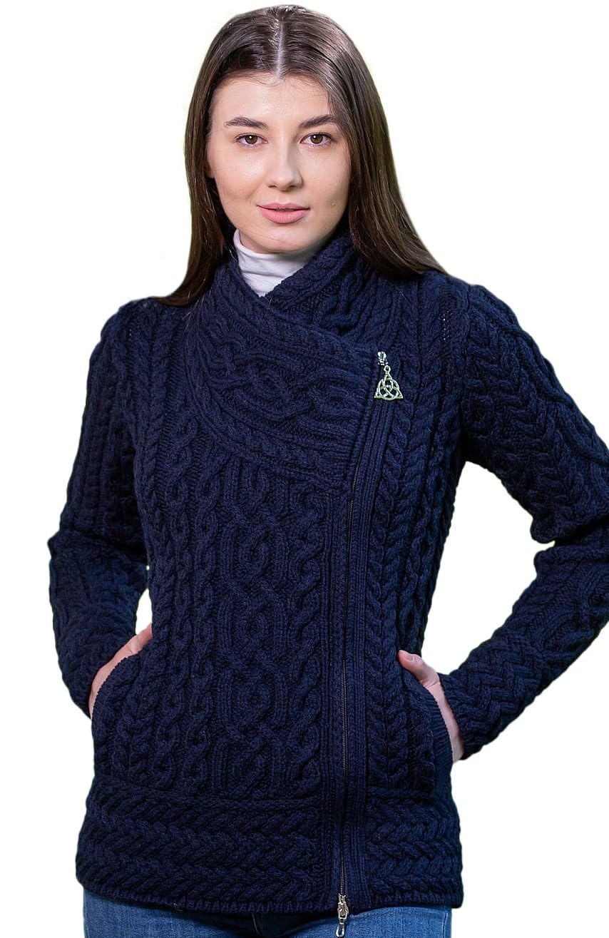 SAOL Irish Cardigan for Women Made of 100% Merino Wool Ireland Sweater Cable Knit Zip Jacket