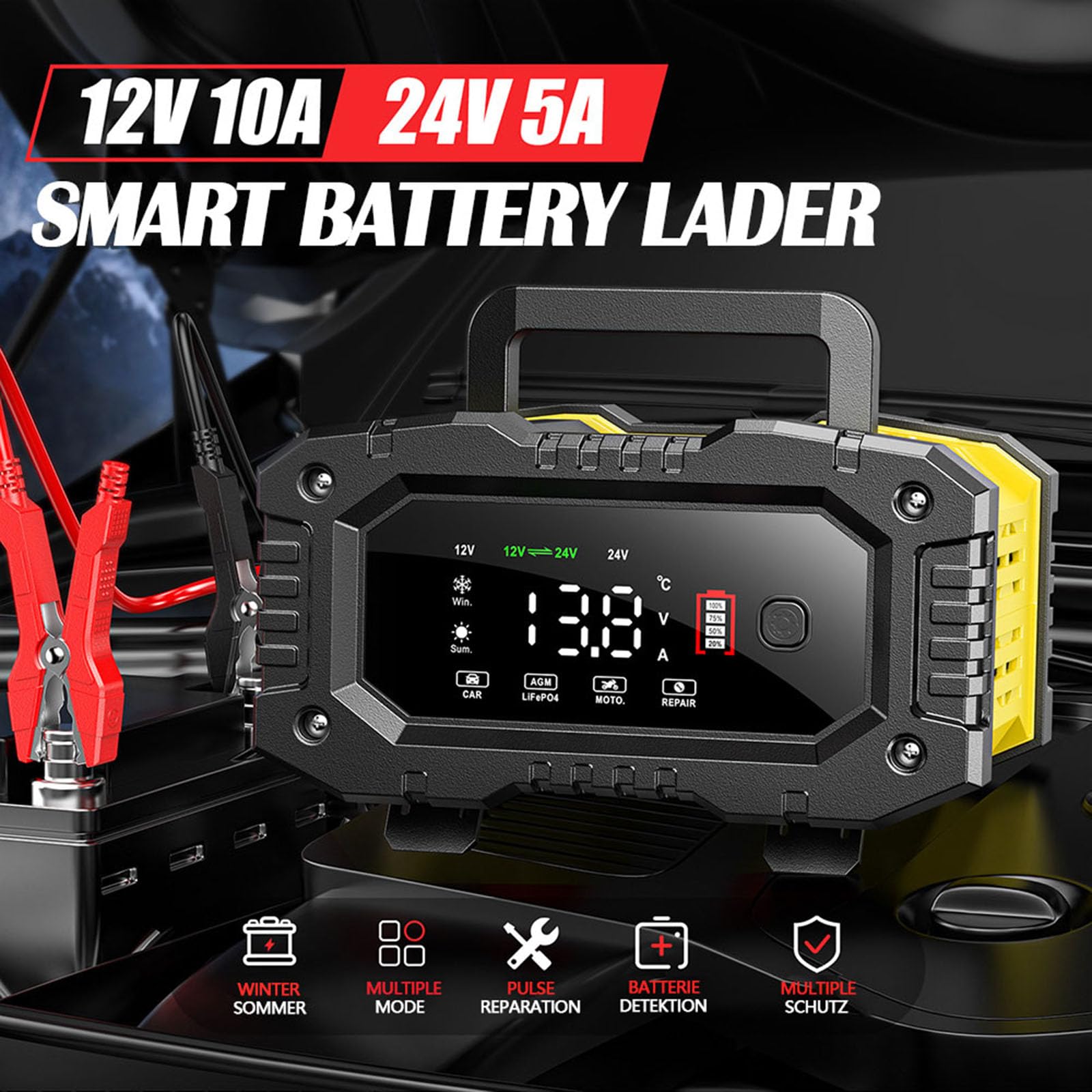 10 A ładowarka do akumulatora samochodowego 12 V/24 V, w pełni automatyczna ładowarka LiFePO4, ładowarka naprawcza, ładowanie impulsowe, odsiarczanie, prąd ładowania 1,5/5/10 A, ładowanie