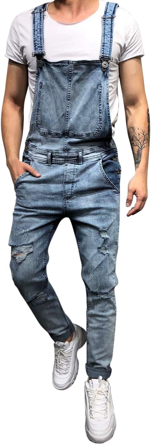 semenMens Denim Overalls Fashion Ripped Bib Jeans Slim Fittted Jumpsuit with Pockets