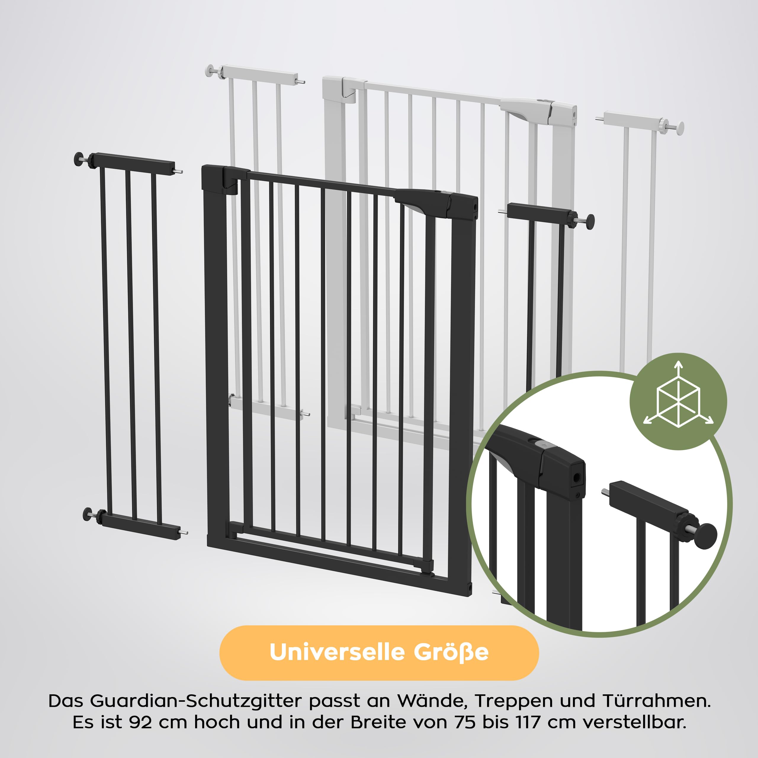 Tulano Guardian 5.0 Treppenschutzgitter ohne Bohren - 75–117 cm | Für Treppen und Türen - 92 cm hoch - beidseitig mit einer Hand öffnen - schließt automatisch - 2 Verlängerungen -Schwarz