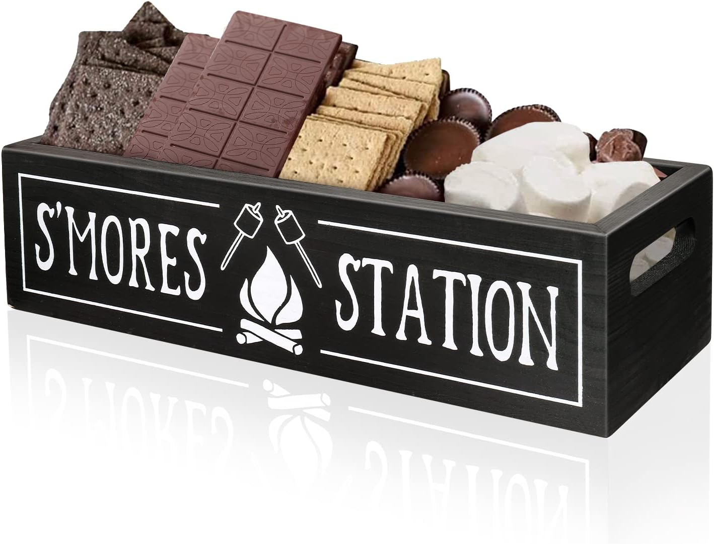 MINCORD S'mores Station Box - Wooden Smores Bar Holder Caddy Tray Kit with Handles, Farmhouse Food Container Accessories Storage Organizer for Kitchen Decor Outdoor Camping BBQ Birthday Party Gift