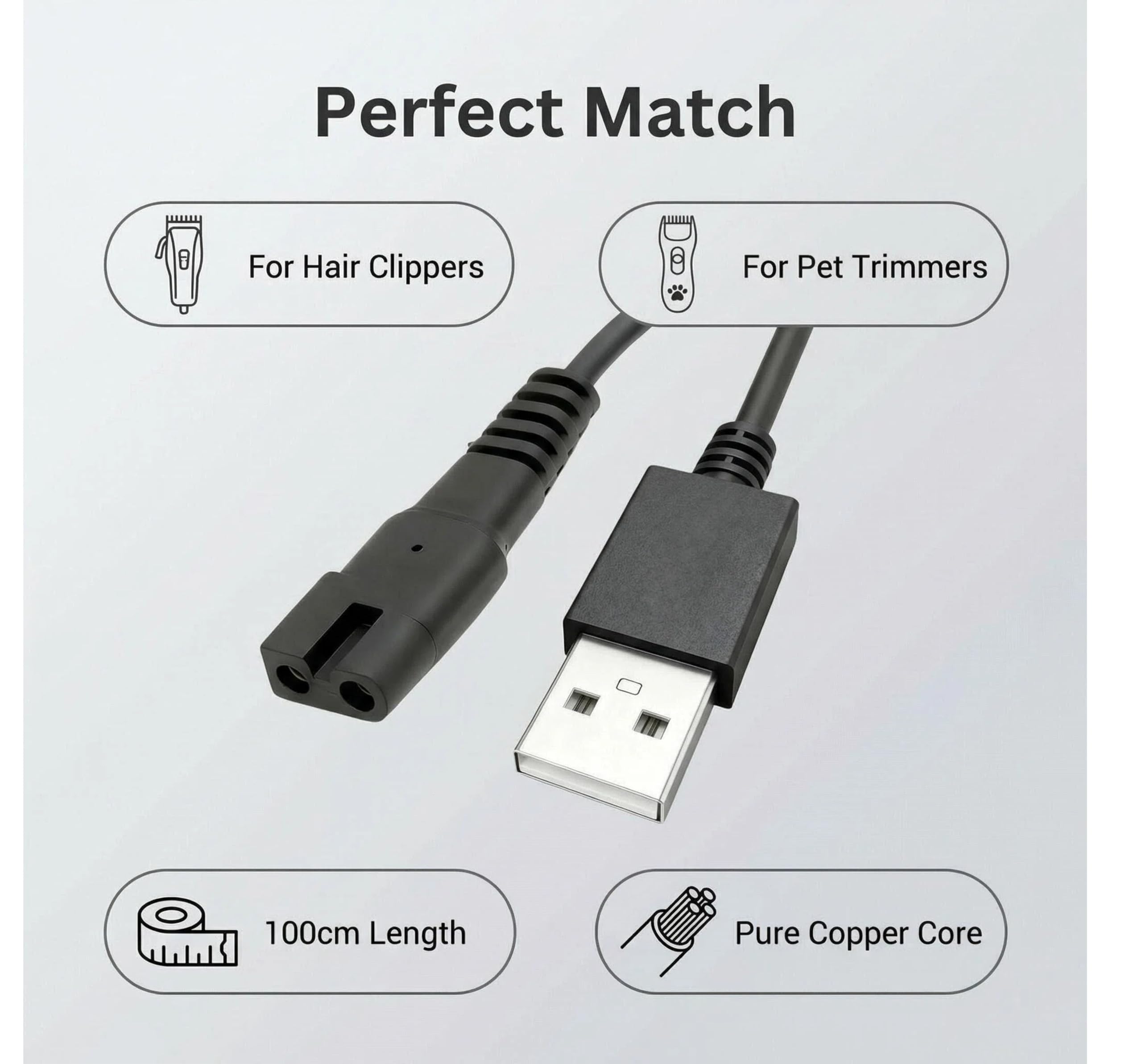 Ricambio Cavo di Ricarica USB 100cm compatibile con Tagliacapelli SUPRENT PRO/Oneisall Tosatrici per Cani