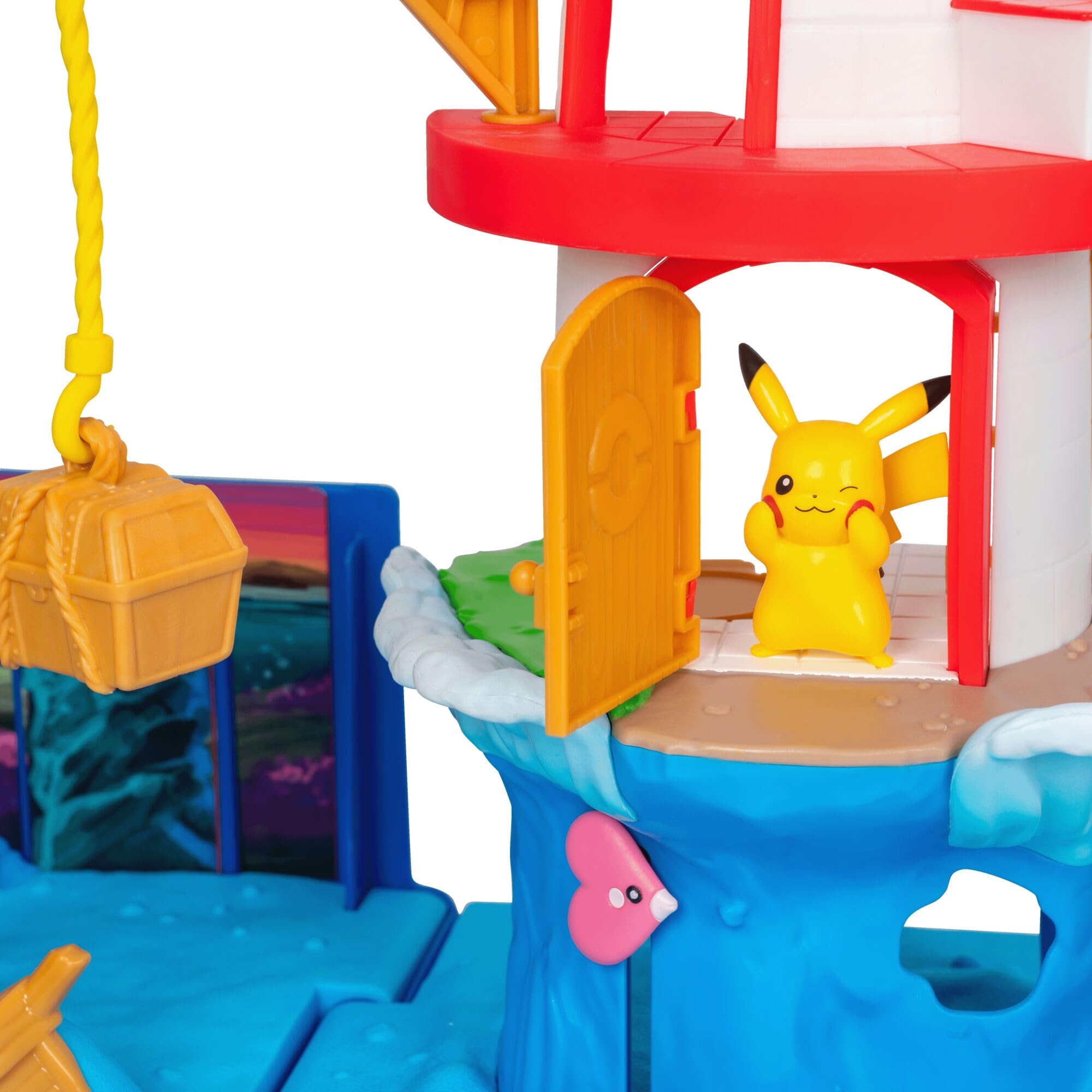 Jazwares Pokemon Carry Case zestaw do zabawy w latarnię morską – przenośny plecak transformujący zestaw do zabawy z funkcjami akcji i figurką bojową Pikachu 5 cm