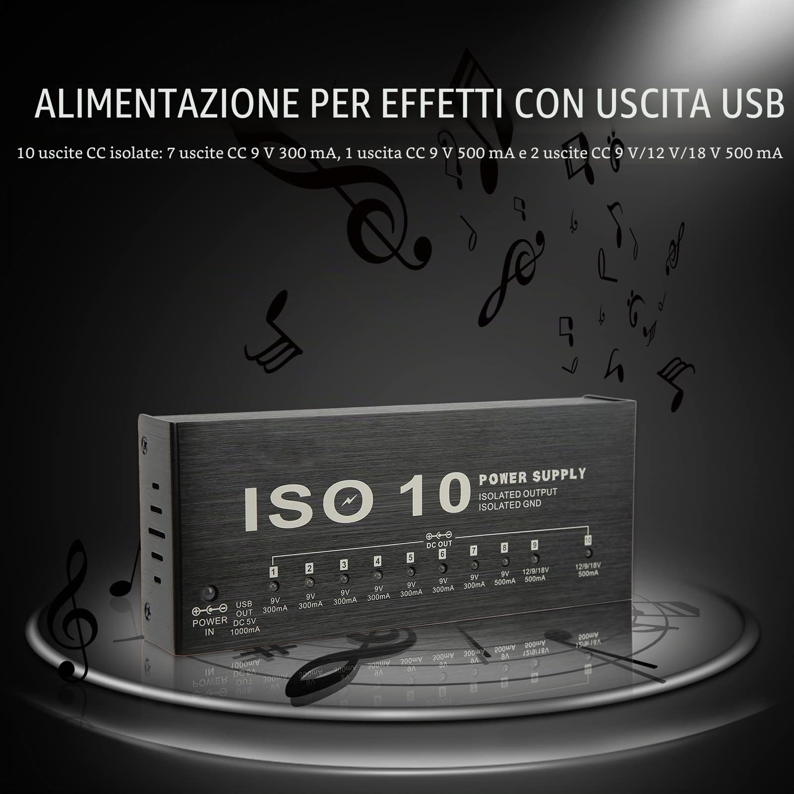 Alimentatore per Pedali per Chitarra DC 12V Alimentatore per Pedaliera in Metallo 10 Potenza Multieffetto in Uscita Isolata con 2 Cavi di Conversione da 3,5 Mm a Tensione Regolabile(EU Plug)