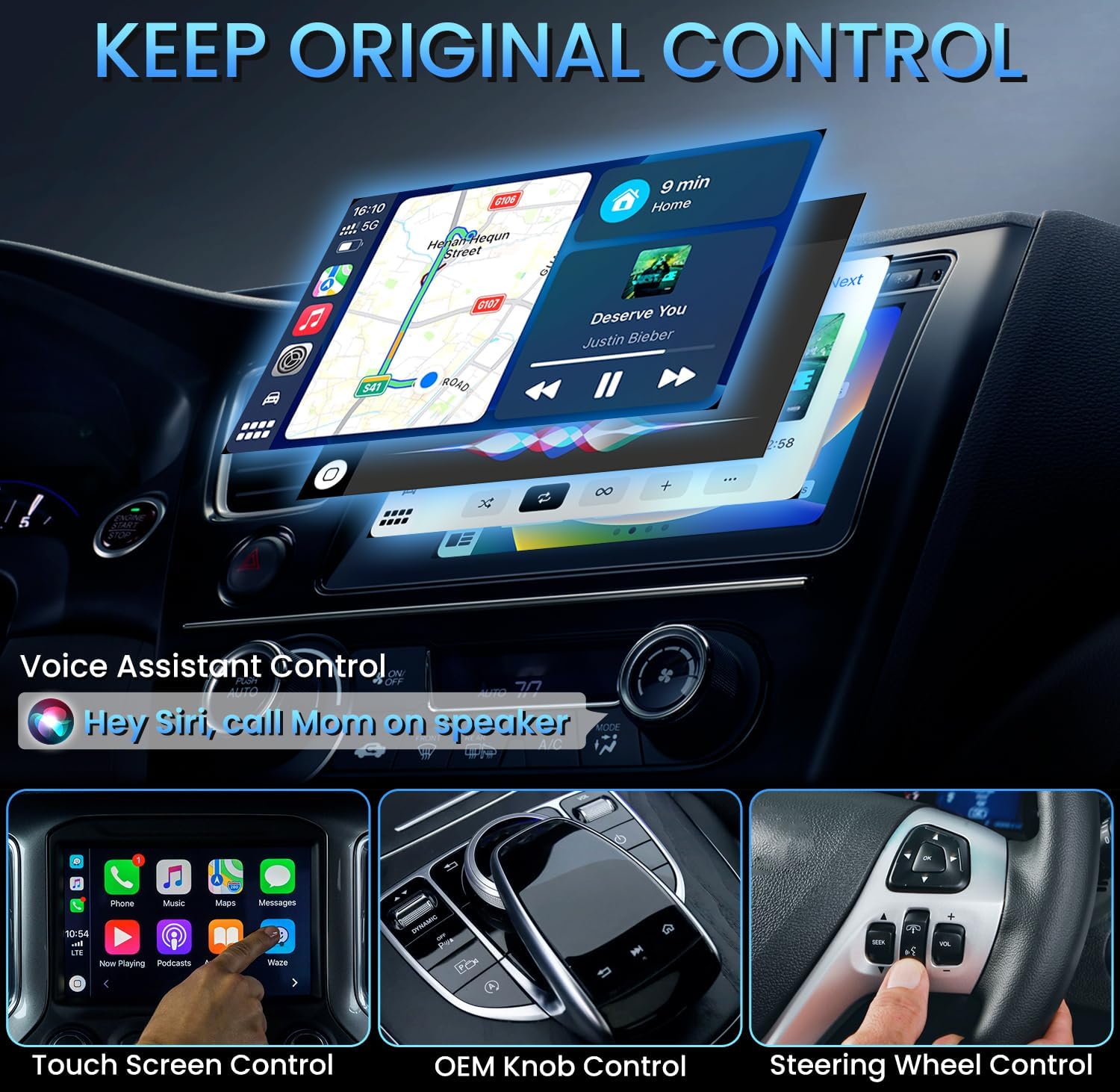Car Stereo+Dash Cam Front 2K 1440P+Wireless CarPlay Adapter