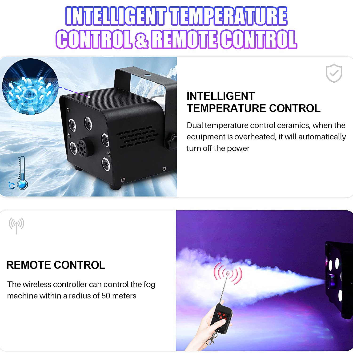 Nebelmaschine,500W Mini Fog Rauchmaschine mit 5 LED Licht, RGB Effekt Nebelmaschine mit Drahtloser Fernbedienung für DJ Party Hochzeitsfeiern Bühnenauftritte und HalloweenWeihnachten