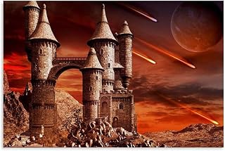 Fantasy Castle Backdrop with Meteor Showers And Planetary Sky for Photography Artistic Decor Themed Events Art Poster Canvas Painting Decor Wall Print Photo Home Modern Decorative Posters Framed/Unfra