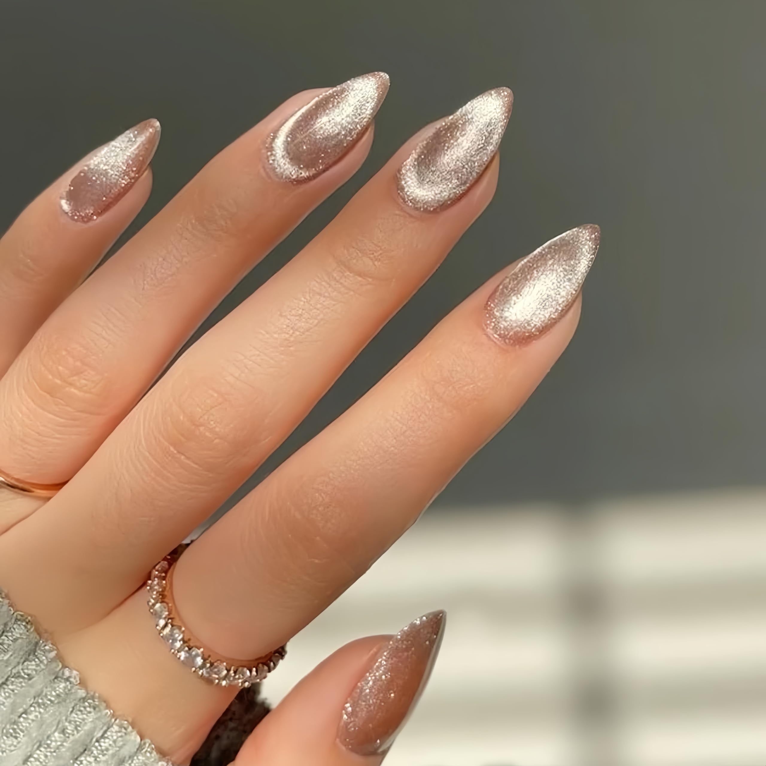 KQueenest Cat Eye Press on Nails Almond Medium, Glazed Glitter Nude False Nails Medium Stiletto - Image 3
