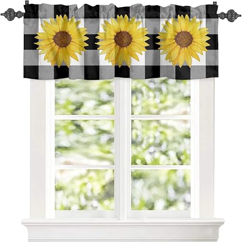 Cenefas de girasol para ventanas de cocina, cenefa de cortina de granja, cortinas cortas de girasol de acuarela, cenefas con bolsillo para barra,