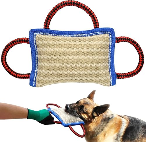PET ARTIST Almohada de yute resistente para perros de 9.5 x 6.5 pulgadas, con 3 asas, remolcador de yute duradero para entrenamiento de cachorros,