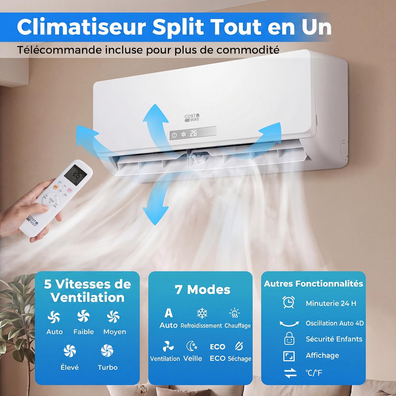 COSTWAY Climatiseur Reversible 9000 BTU 2,6 KW, Climatiseur Split R32 avec Chauffage, Refroidissement, Déshumidification Rapide, Clim Inverter Silencieux 19 dB, Wifi, Auto-Nettoyage, Classe A++