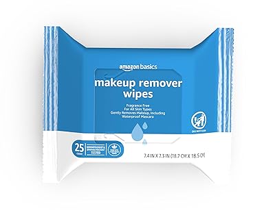 Amazon Basics Makeup Remover Wipes, Fragrance- and Alcohol-Free, Gentle Cleansing, Removes Waterproof Mascara, Dermatologist Tested, 25 Count, Pack of 2