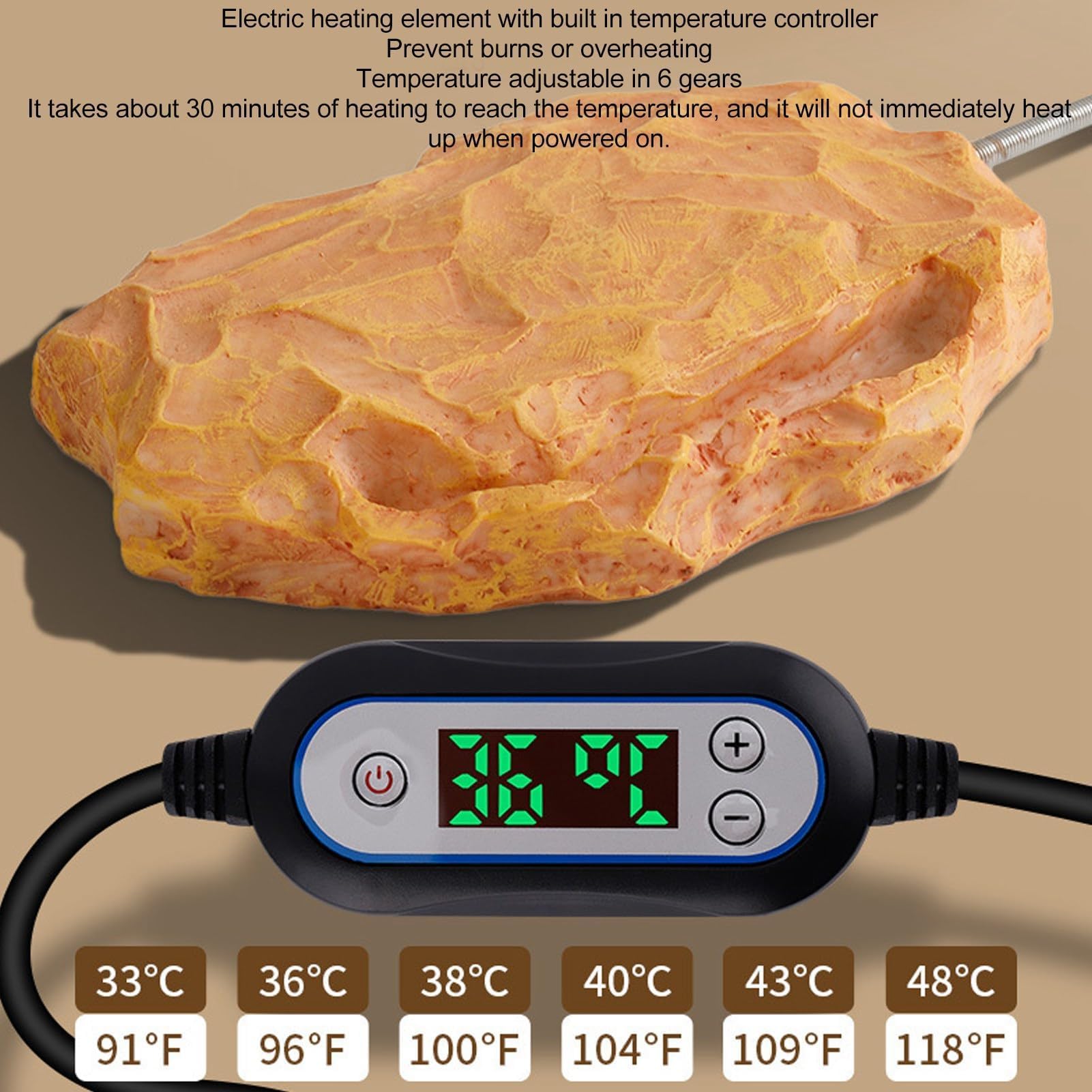 Calentador de Reptil genérico Calentador de Piedra calefactora controlada por Temperatura para lagartos, Tortugas, Serpientes, Tortugas, Geckos Leopardo con Piedra calefactora 12V