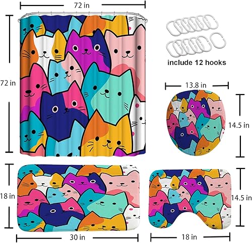 Miniatura 2 de Juego de 4 alfombras de baño y cortina de ducha para niños, bonito diseño de gato, 72 x 72 pulgadas con 12 ganchos, tapete de baño antideslizante