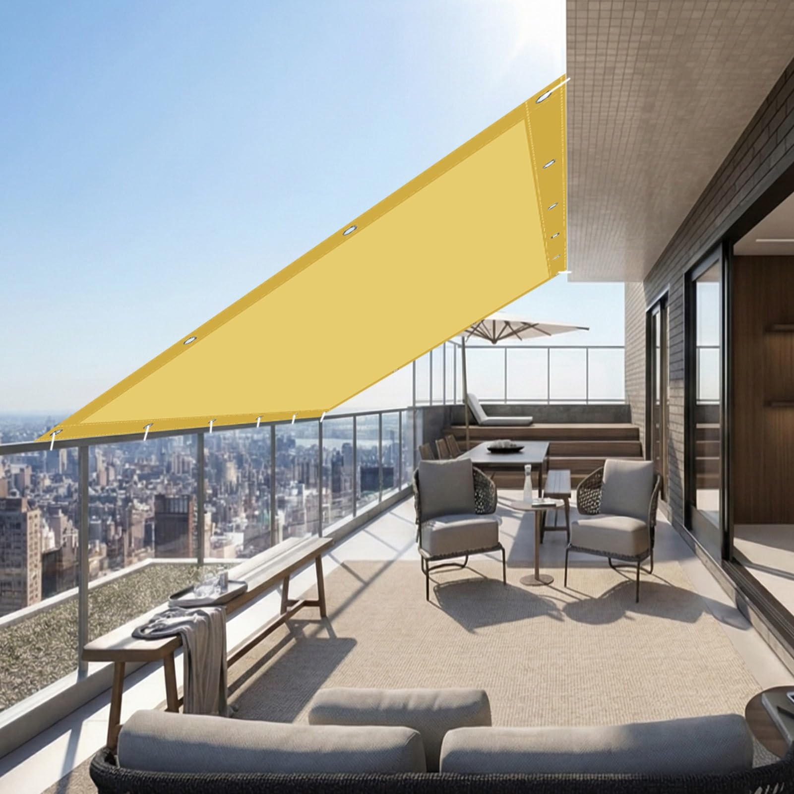 Voile d'ombrage imperméable jaune sable bache anti-UV avec oeillets et cordons