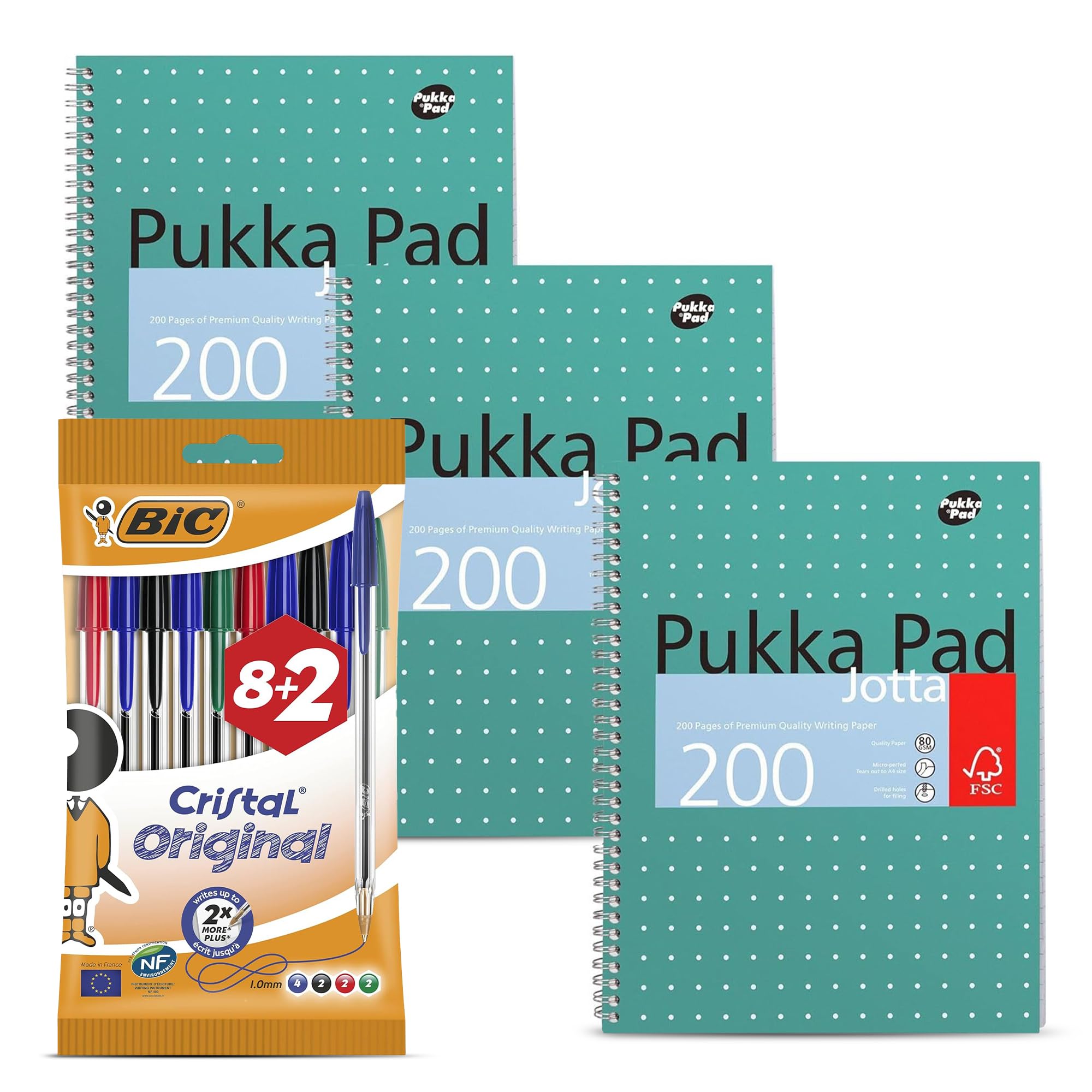 BIC Cristal Original Ballpoint Pens Medium Point 1.0mm Assorted Colours Pack of 10 & Pukka Pad A4 Metallic Jotta Book 3 Pack Wirebound Notebook, 80GSM Paper, 4 Hole Punch, Perforated Edges 200 Pages
