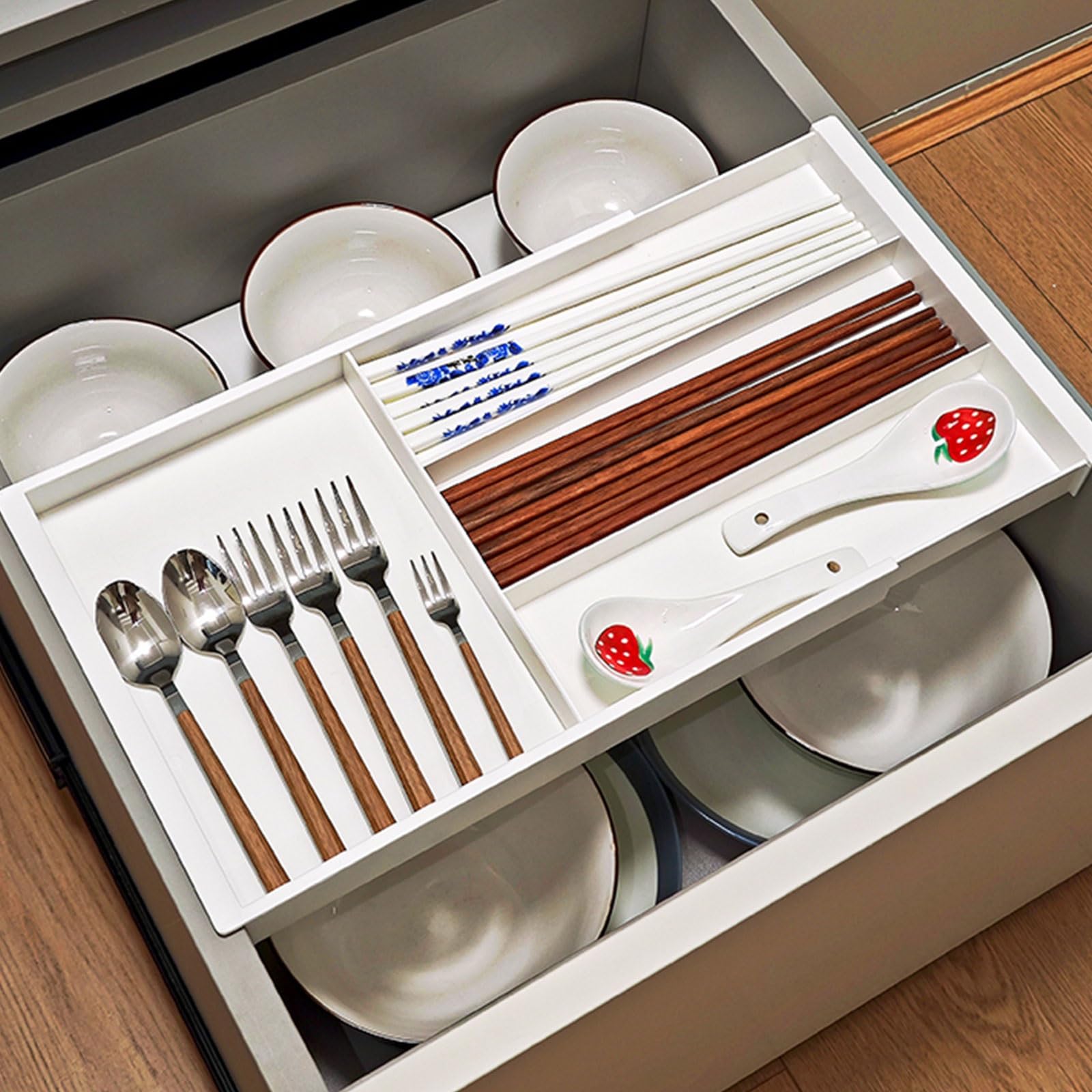 Fcmeavo Expandable Cutlery Tray for Drawers 32–50cm, 2-Tier Drawer Organiser with Fixed Slots for Forks, Spoons & Kitchen Utensils – Suspension Design, Adjustable Cutlery Drawer Insert