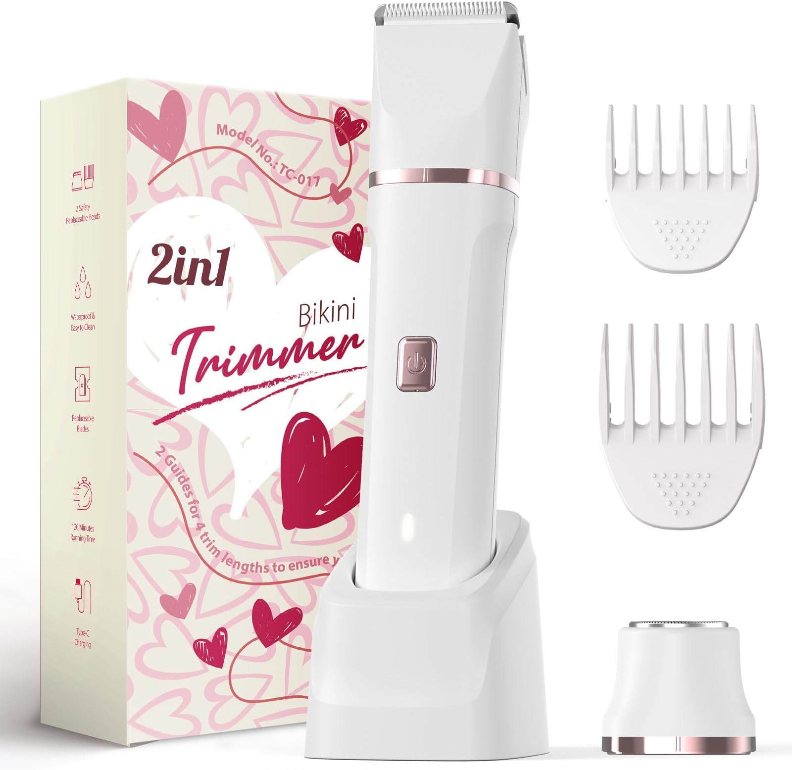 Pubic Hair Trimmer for Women - Electric Razors for Women's Body Groomer, Replaceable Ceramic Blade Heads, Face Hair Remover Head, USB-C&Dock Charging, Waterproof&Easy Cleaning White